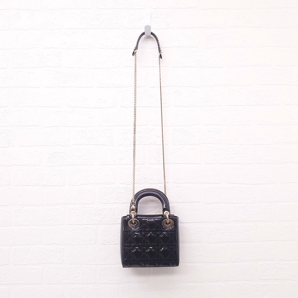 CHRISTIAN DIOR BLACK PATENT 'MINI LADY DIOR' BAG