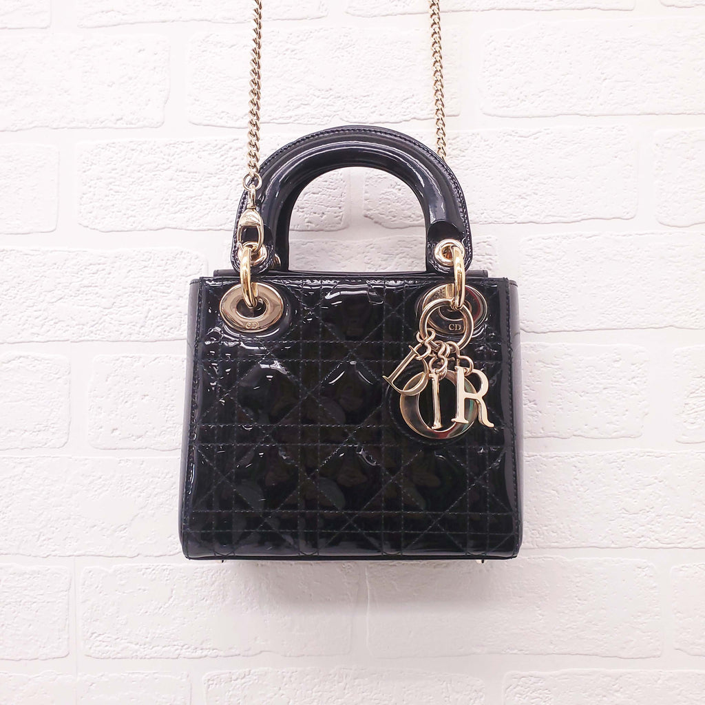 CHRISTIAN DIOR BLACK PATENT 'MINI LADY DIOR' BAG