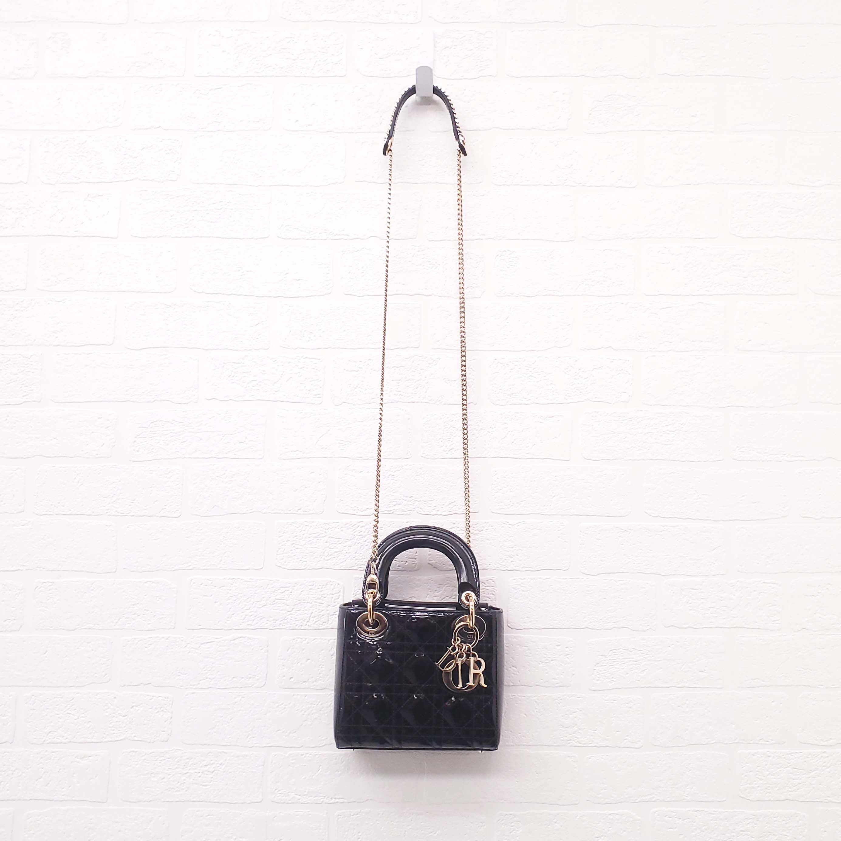 CHRISTIAN DIOR BLACK PATENT 'MINI LADY DIOR' BAG