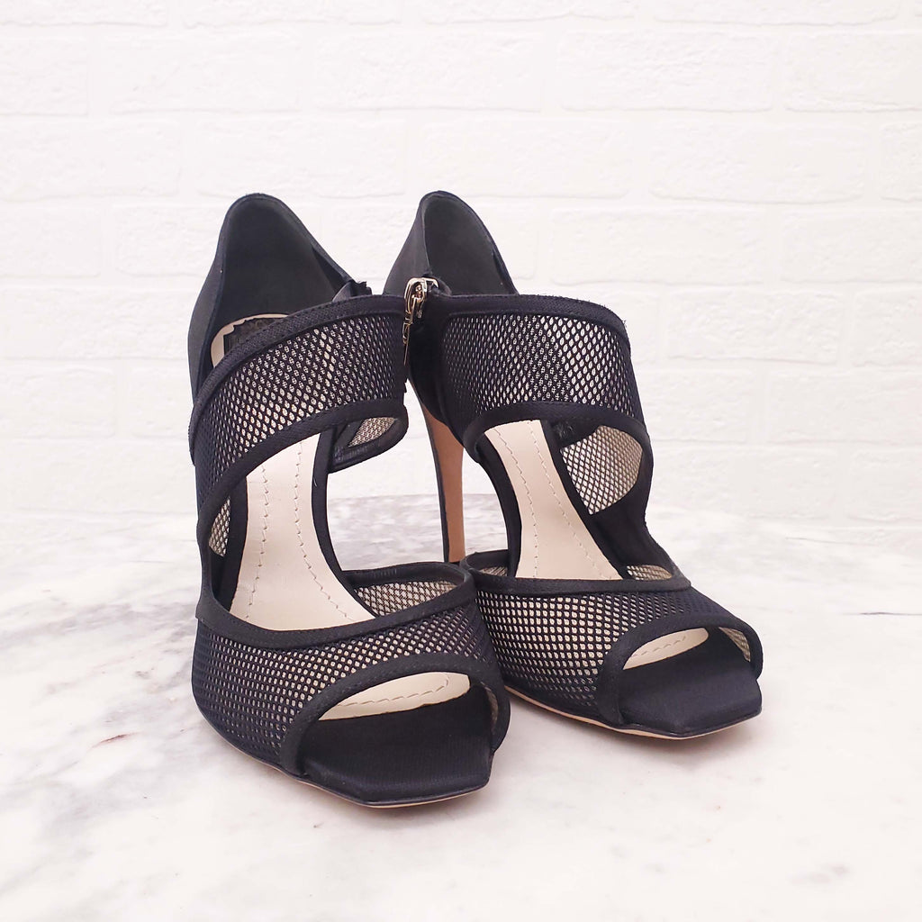 CHRISTIAN DIOR BLACK SATIN FISHNET DETAIL HEELS - SIZE 37