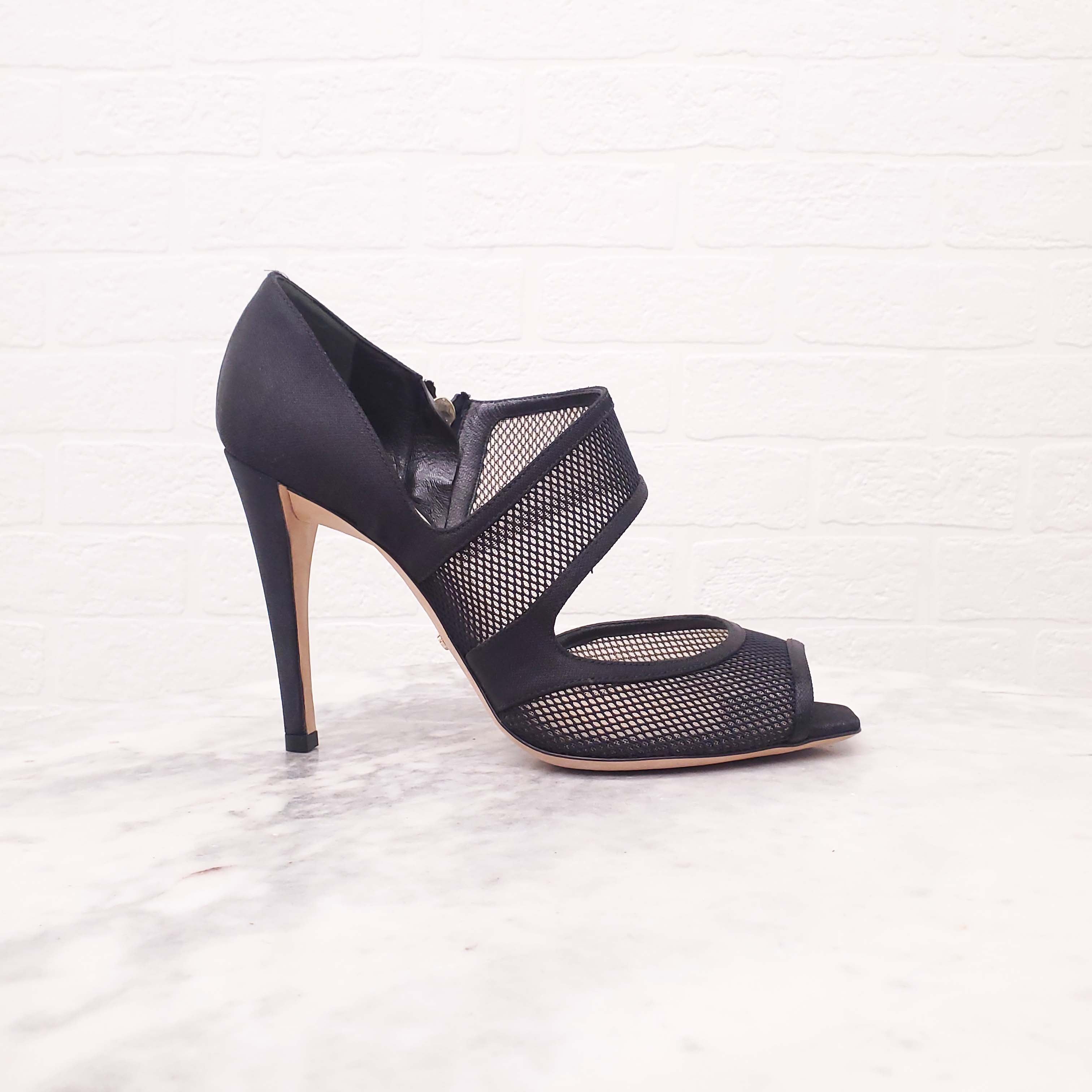 CHRISTIAN DIOR BLACK SATIN FISHNET DETAIL HEELS - SIZE 37