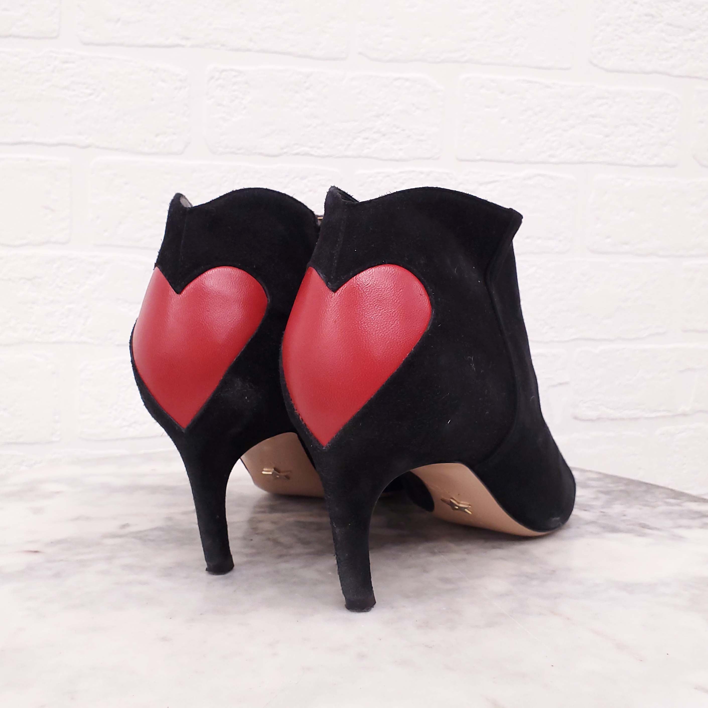 CHRISTIAN DIOR BLACK SUEDE BOOTIES WITH RED HEART - SIZE 38.5