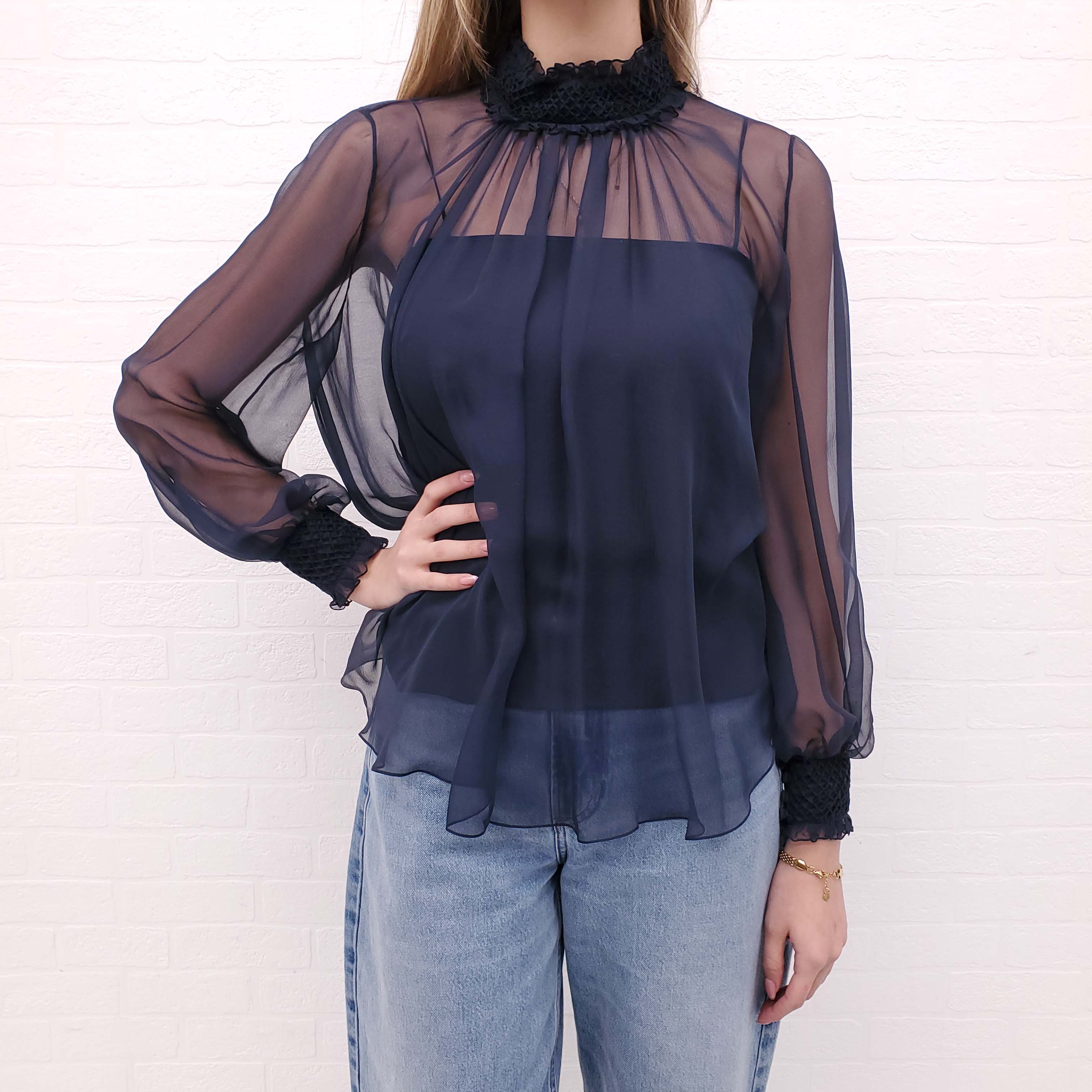 CHRISTIAN DIOR BLUE SILK BLOUSE WITH DETAILED COLLAR - SIZE 4