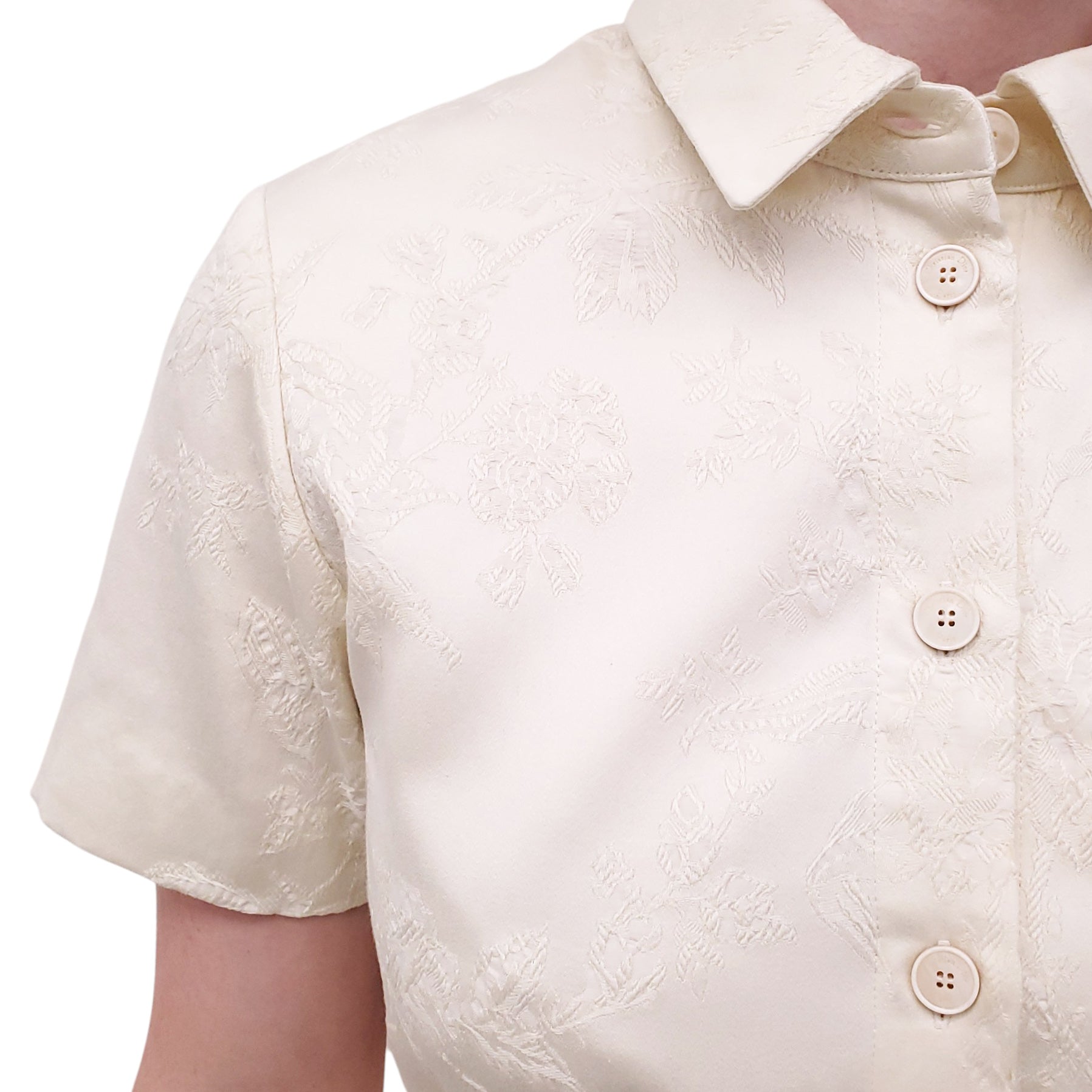 CHRISTIAN DIOR CREAM FLORAL EMBROIDERED SHORT-SLEEVE DRESS WITH BELT - SIZE M