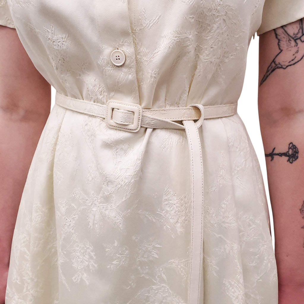 CHRISTIAN DIOR CREAM FLORAL EMBROIDERED SHORT-SLEEVE DRESS WITH BELT - SIZE M