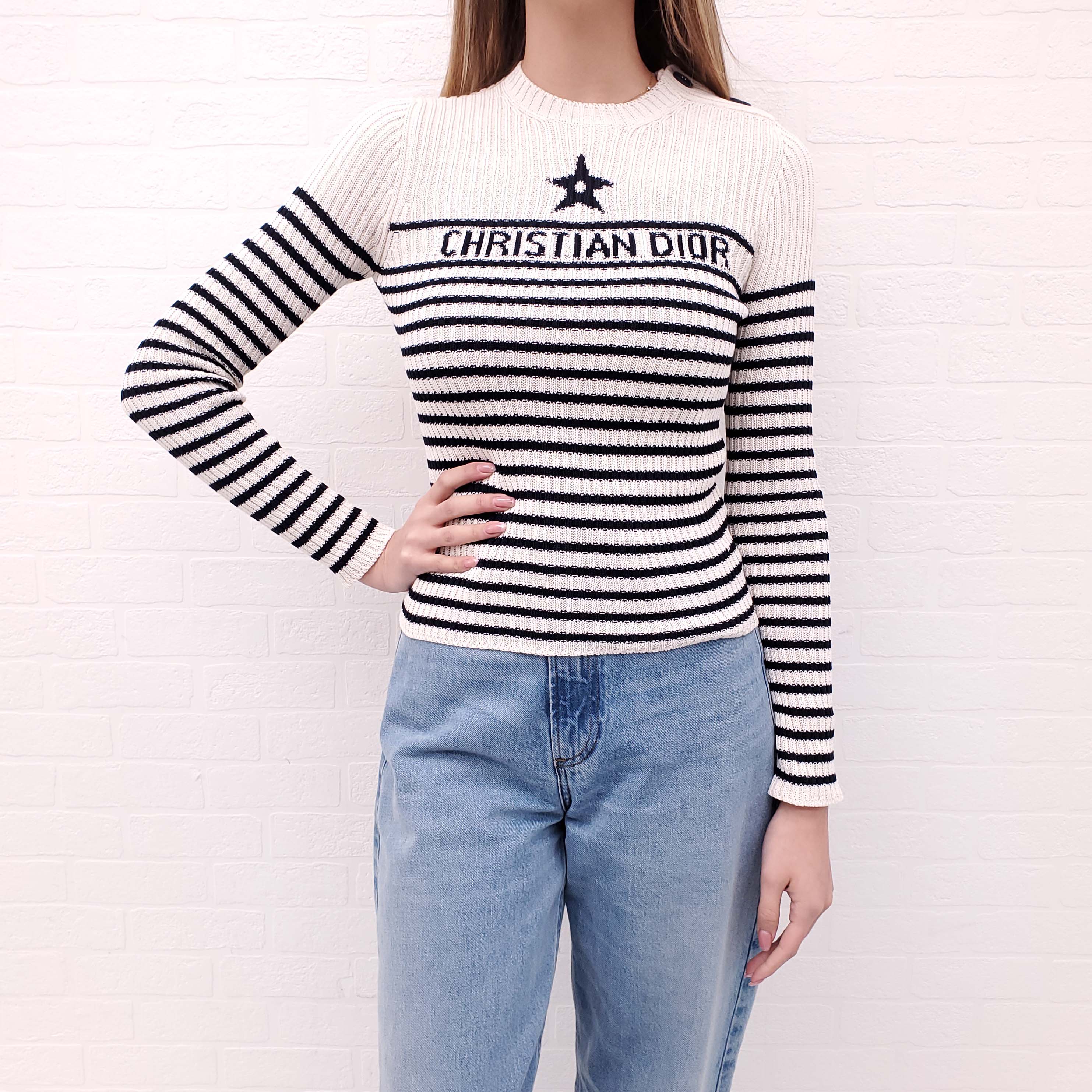 CHRISTIAN DIOR ECRU AND NAVY BLUE COTTON SWEATER - SIZE 2