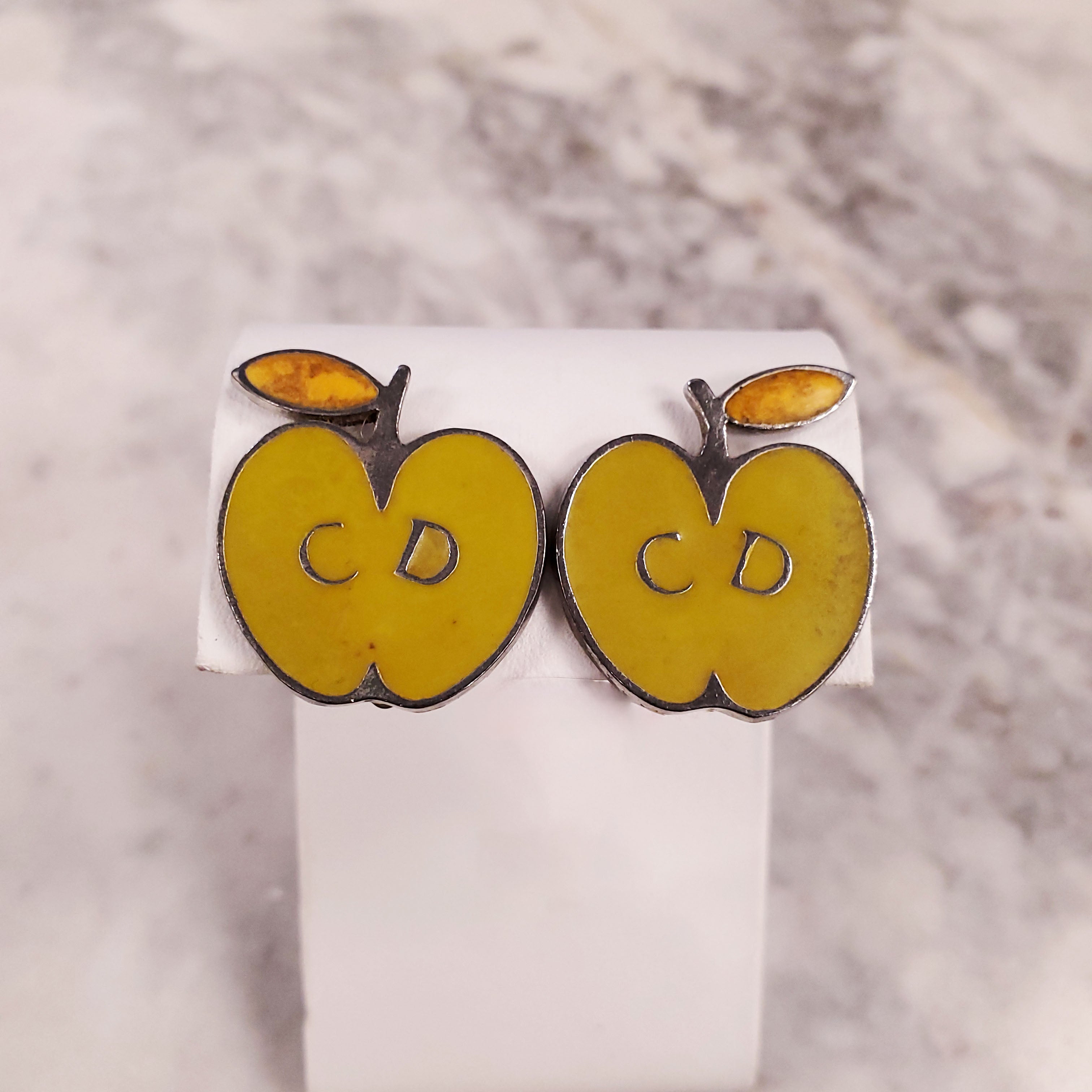 CHRISTIAN DIOR GREEN APPLE EARRINGS WITH 'CD' IN THE CENTRE
