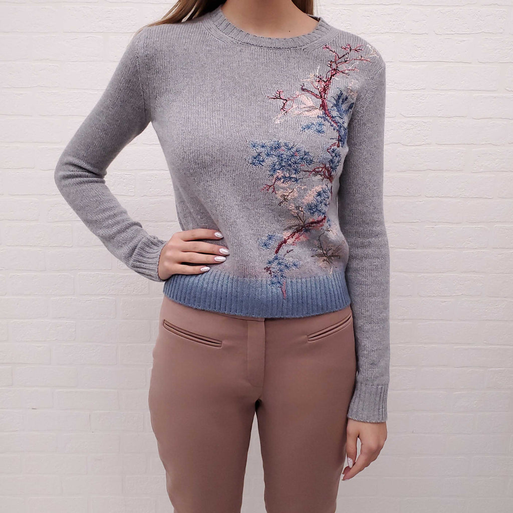 CHRISTIAN DIOR GREY CASHMERE EMBROIDERED SWEATER - SIZE 2