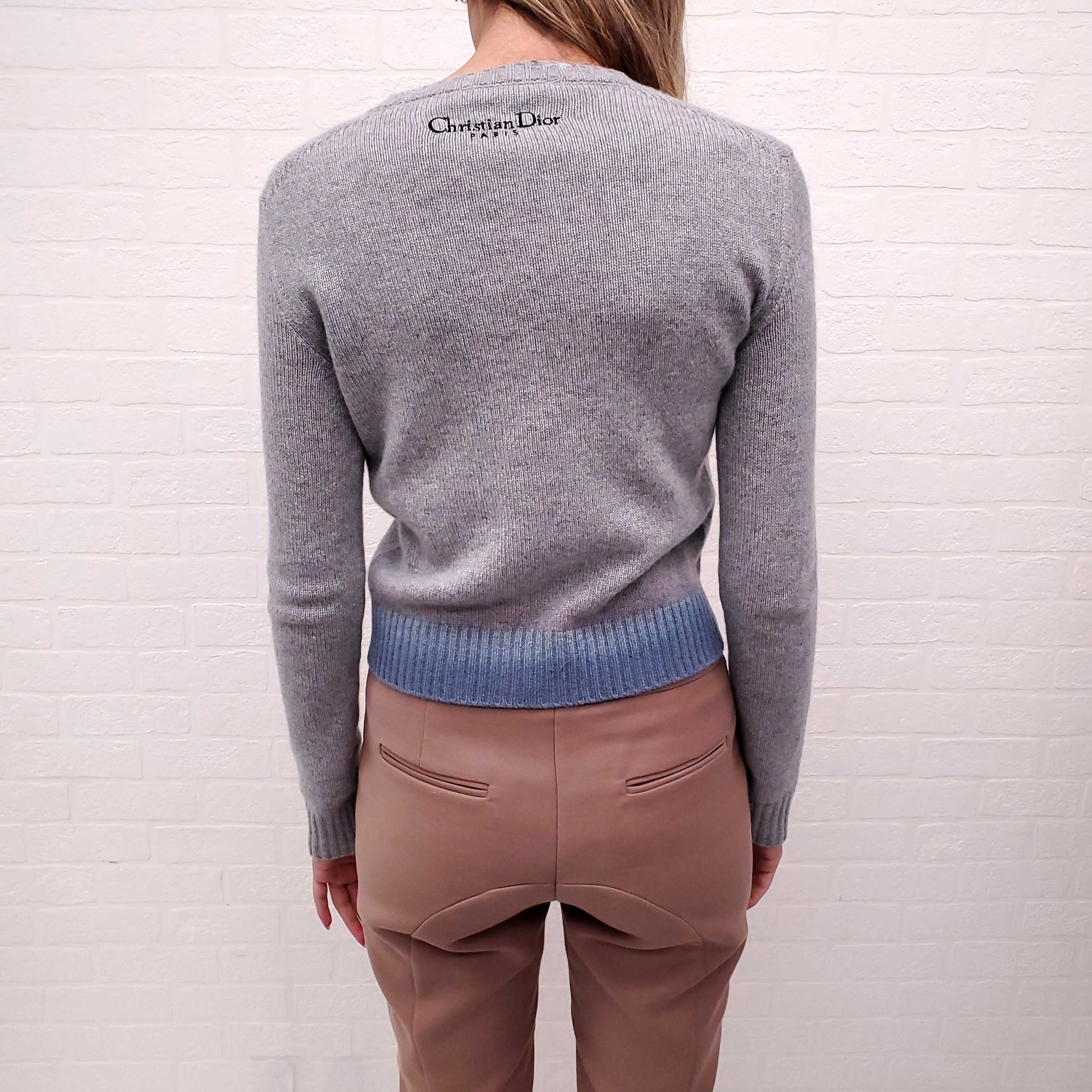 CHRISTIAN DIOR GREY CASHMERE EMBROIDERED SWEATER - SIZE 2