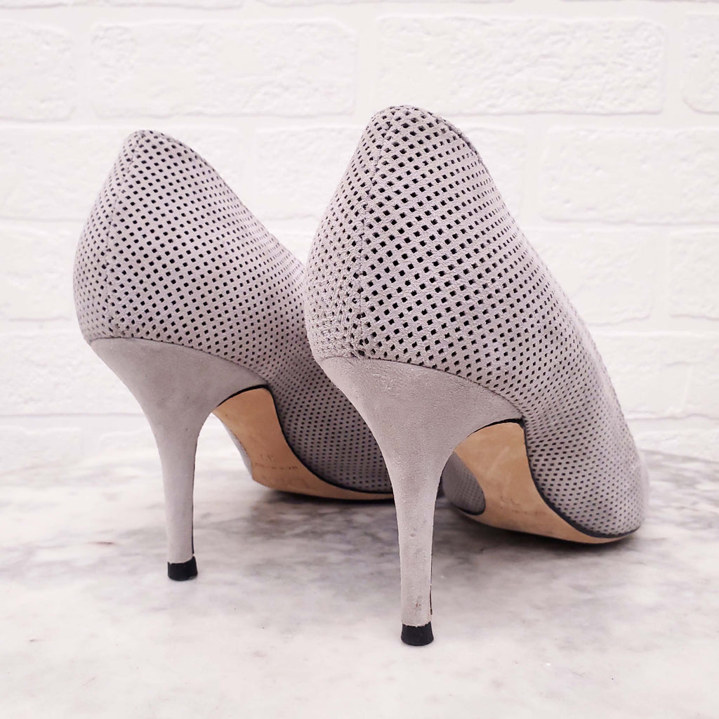 CHRISTIAN DIOR LASER CUT GREY SUEDE KITTEN HEEL - SIZE 39