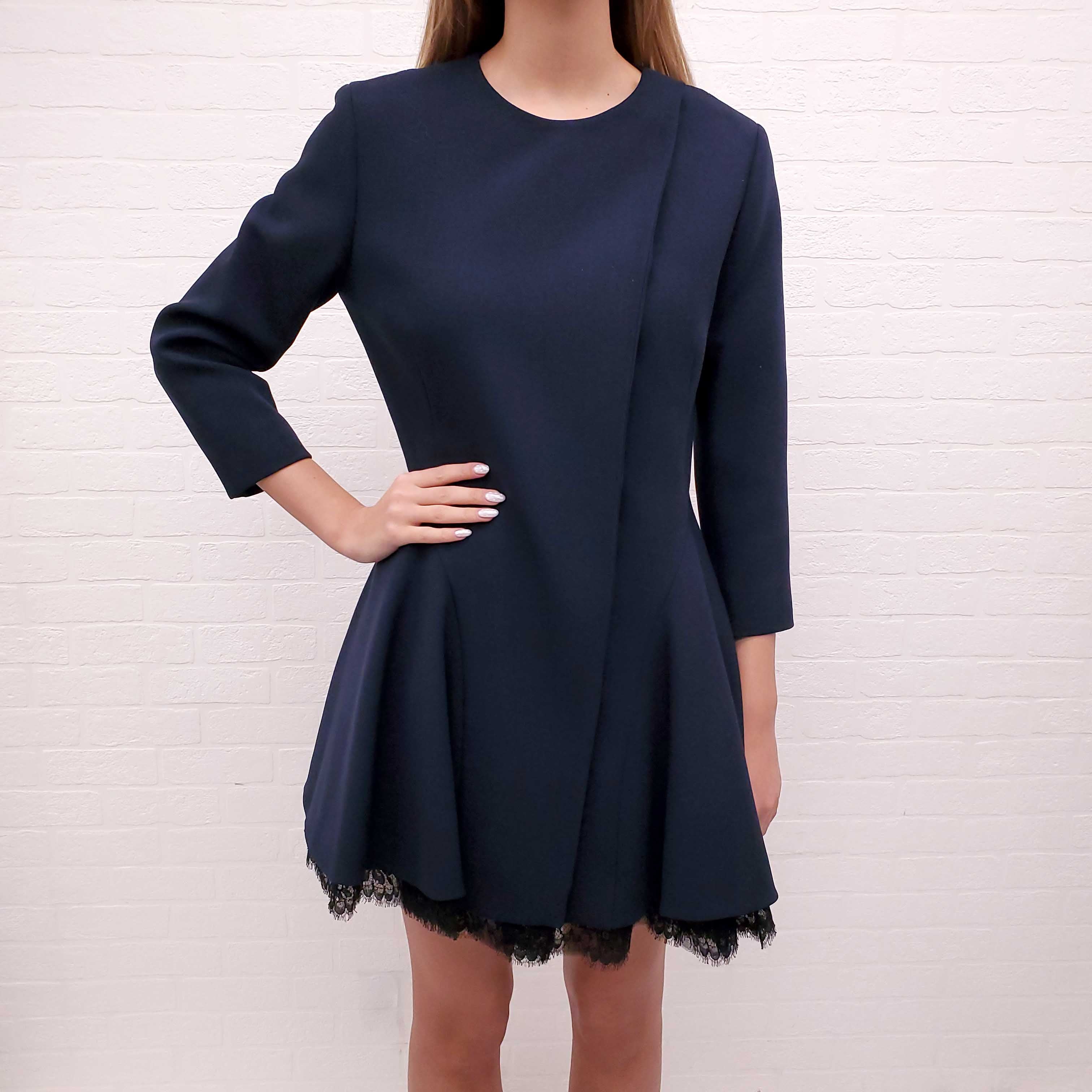 CHRISTIAN DIOR NAVY COAT DRESS WITH BLACK LACE TRIM - SIZE 10