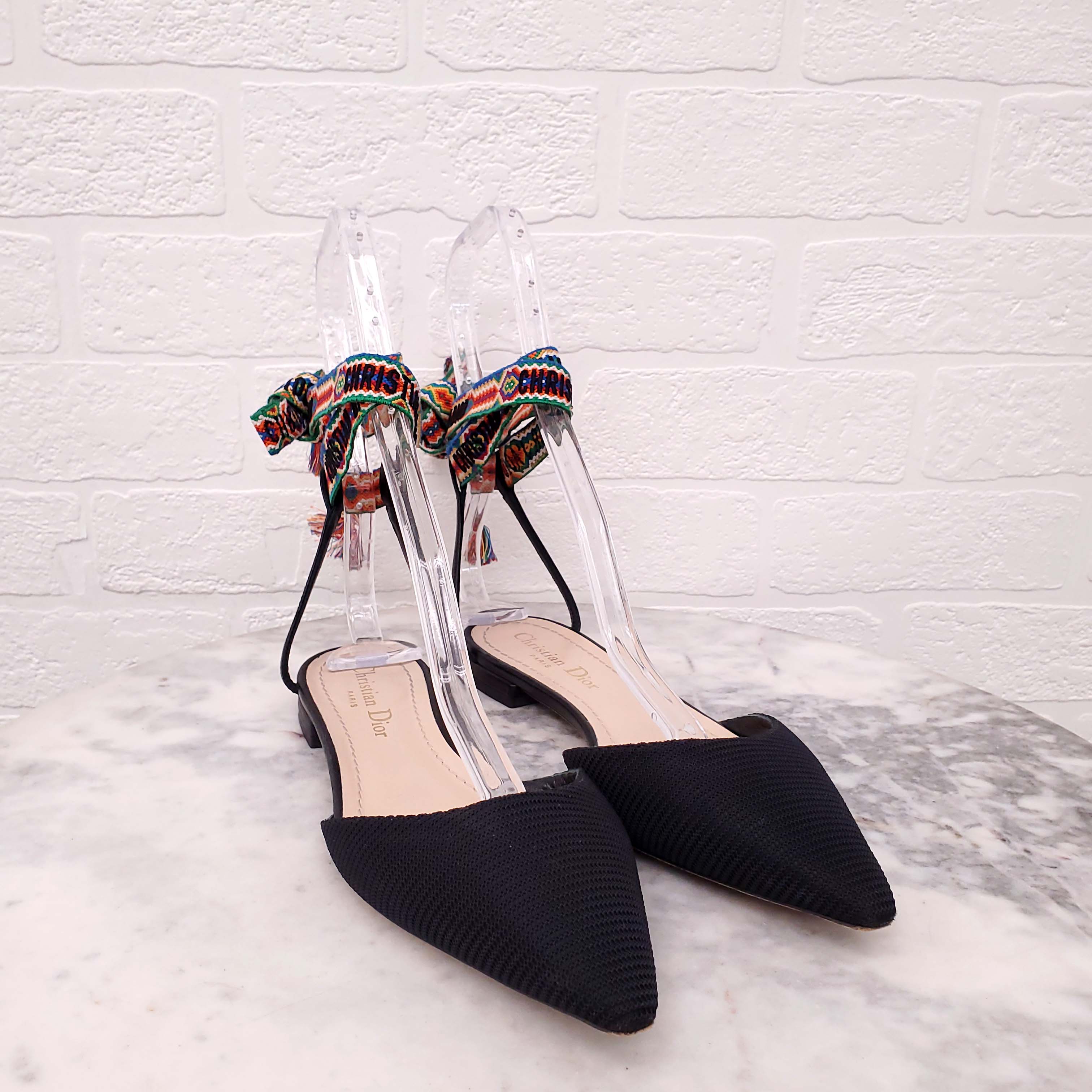 CHRISTIAN DIOR NAVY LOGO ANKLE WRAP FLATS - SIZE 36