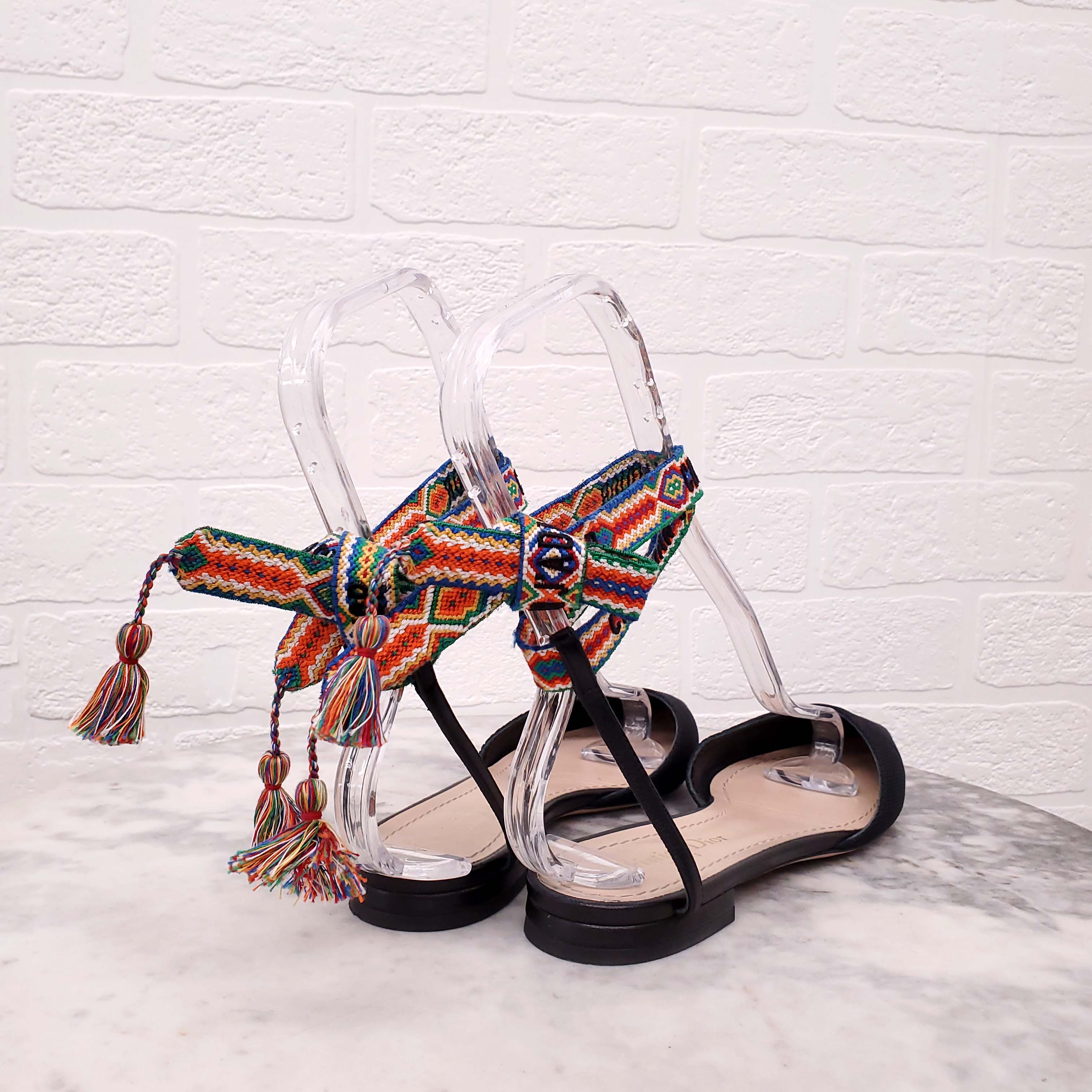 CHRISTIAN DIOR NAVY LOGO ANKLE WRAP FLATS - SIZE 36