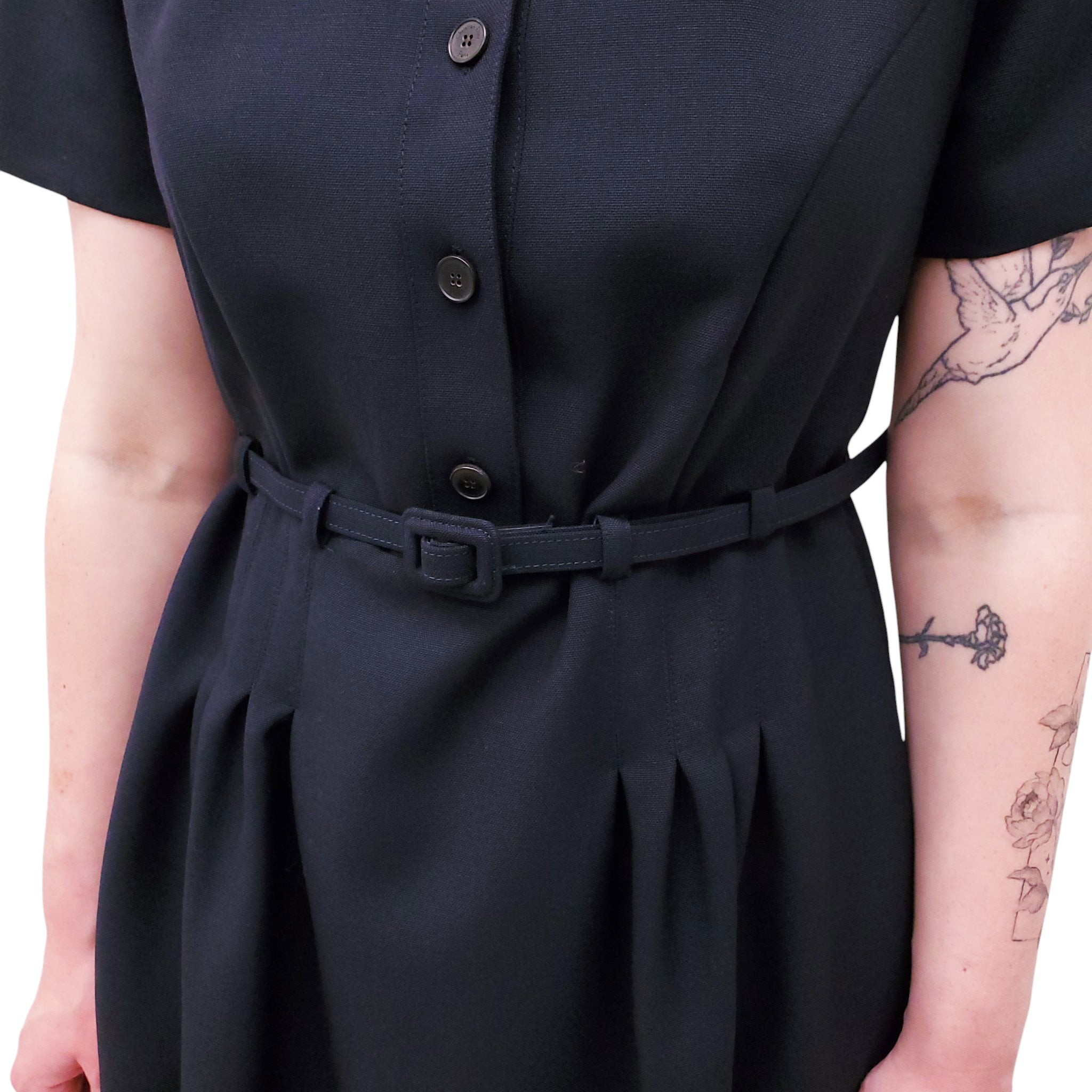 CHRISTIAN DIOR NAVY SHORT-SLEEVE DRESS WITH BELT - SIZE M