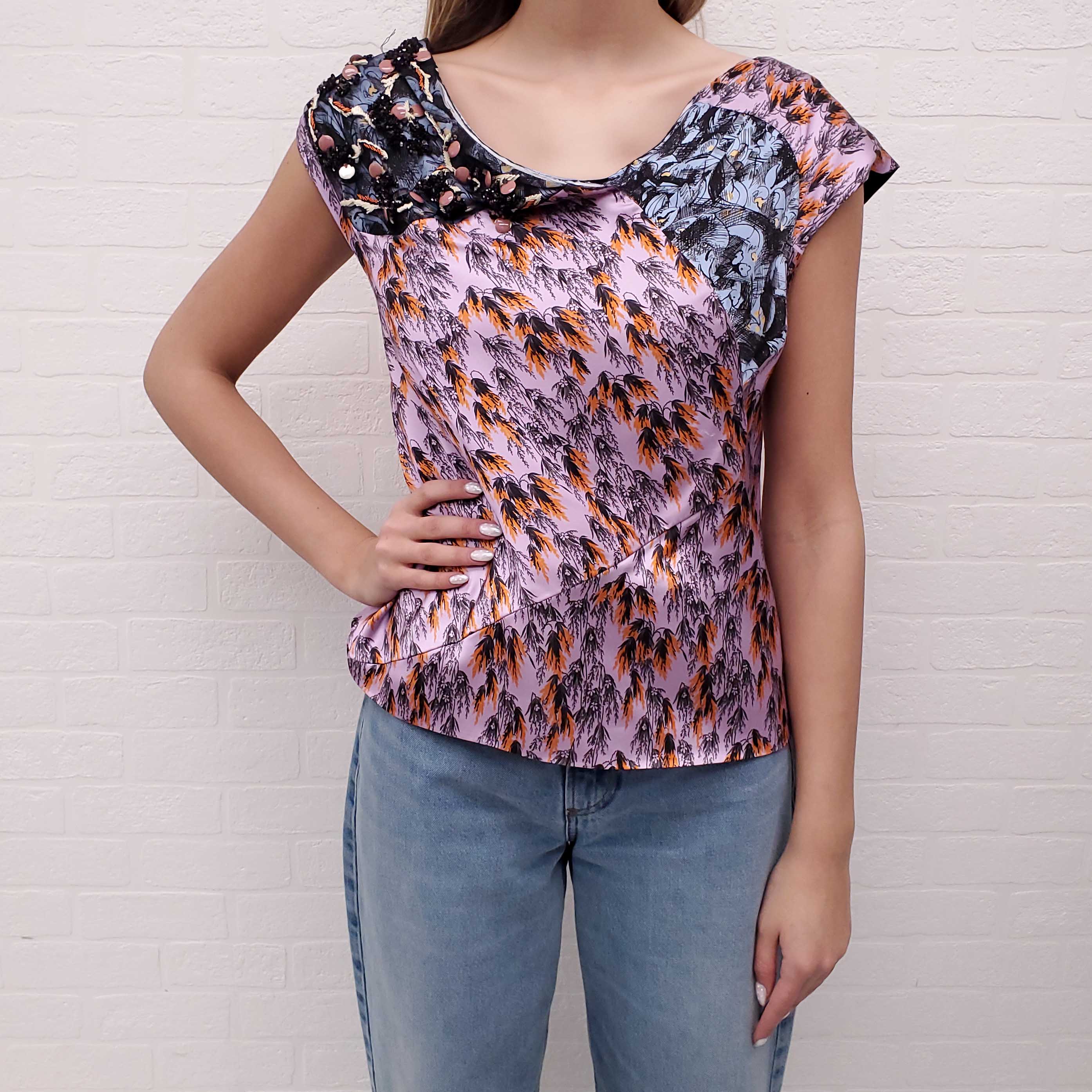 CHRISTIAN DIOR PINK AND ORANGE BLOUSE WITH SEQUIN LACE DETAIL - SIZE 8