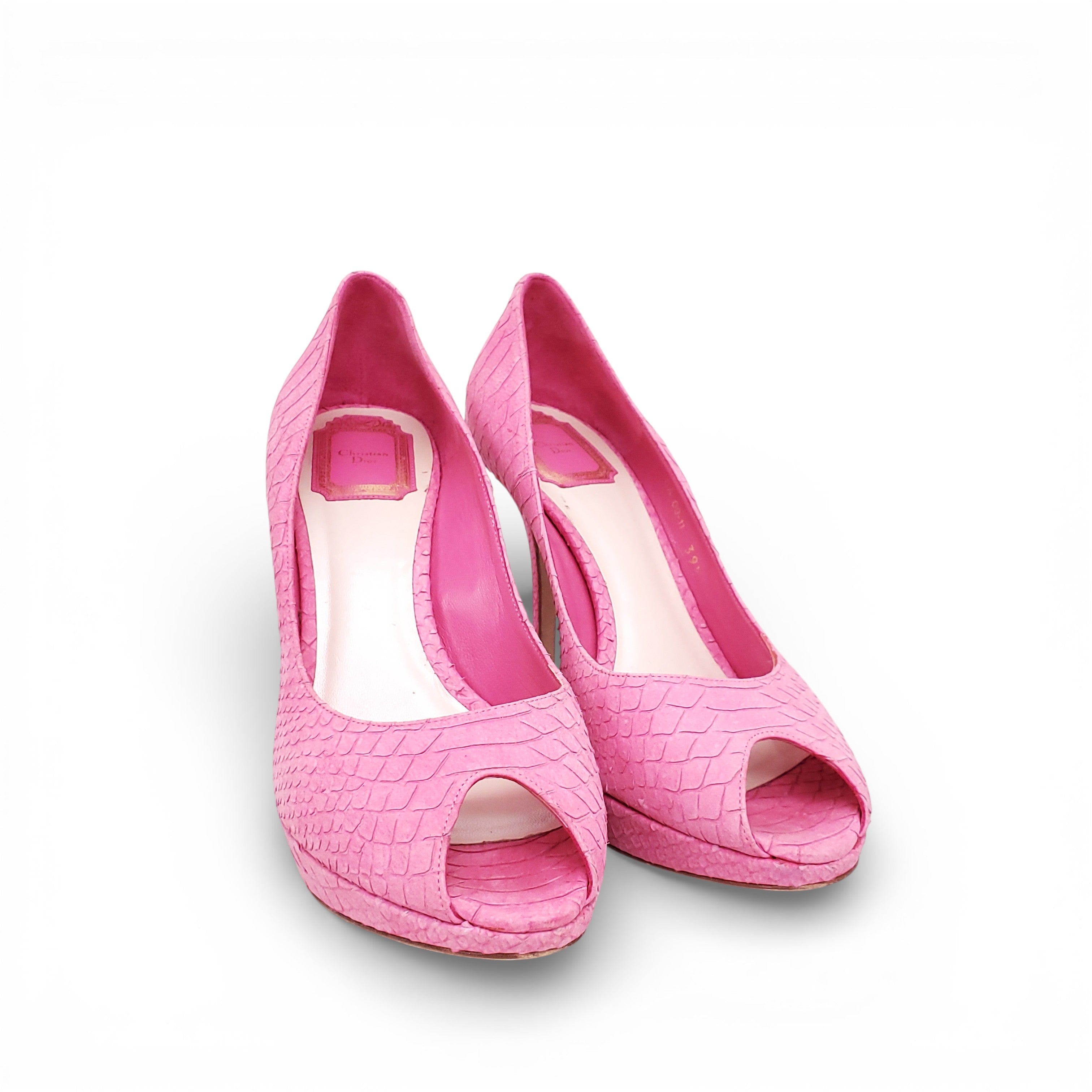 CHRISTIAN DIOR PINK SUEDE SNAKESKIN PEEP TOE HEELS - SIZE 39.5