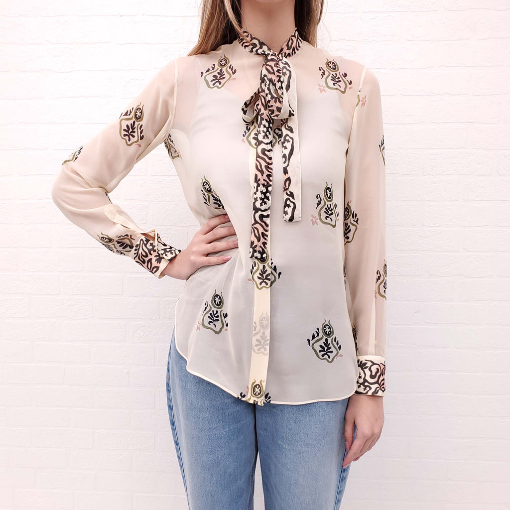 CHRISTIAN DIOR SILK EMBROIDERED BLOUSE WITH LOGO - SIZE 4