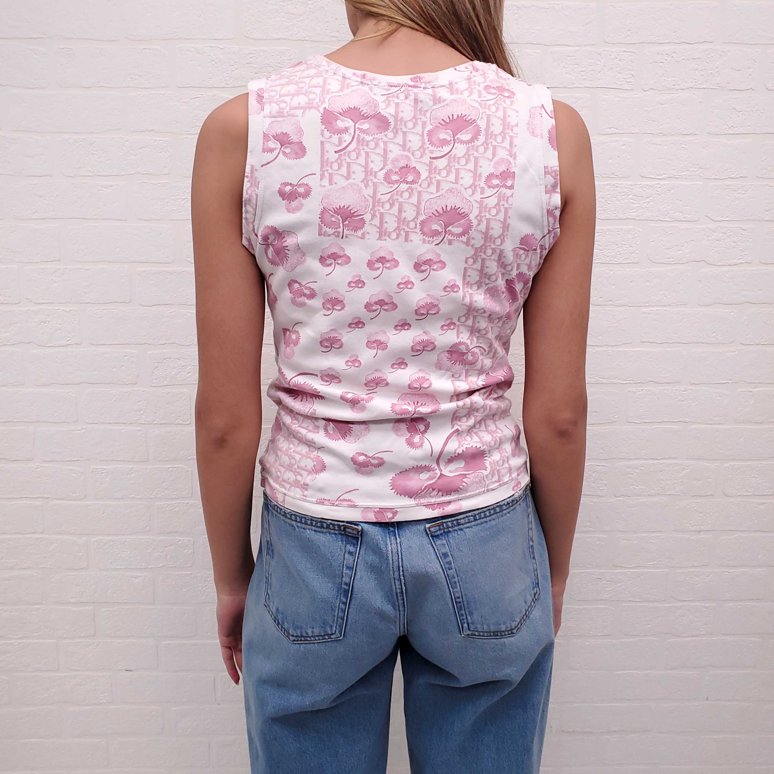 CHRISTIAN DIOR WHITE AND PINK SLEEVELESS LOGO T-SHIRT - SIZE 10