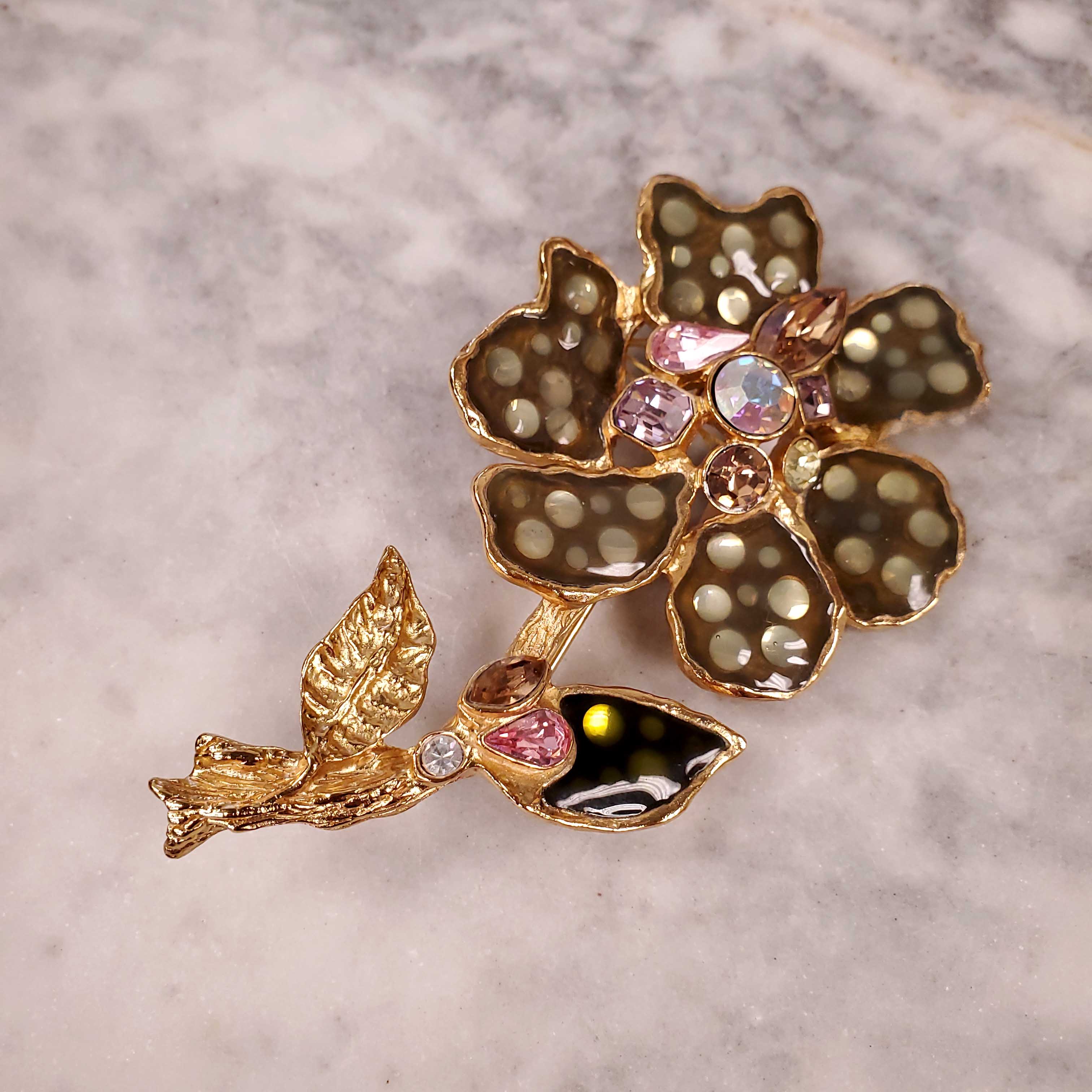 CHRISTIAN LACROIX YELLOW AND GREEN ENAMEL FLOWER PIN