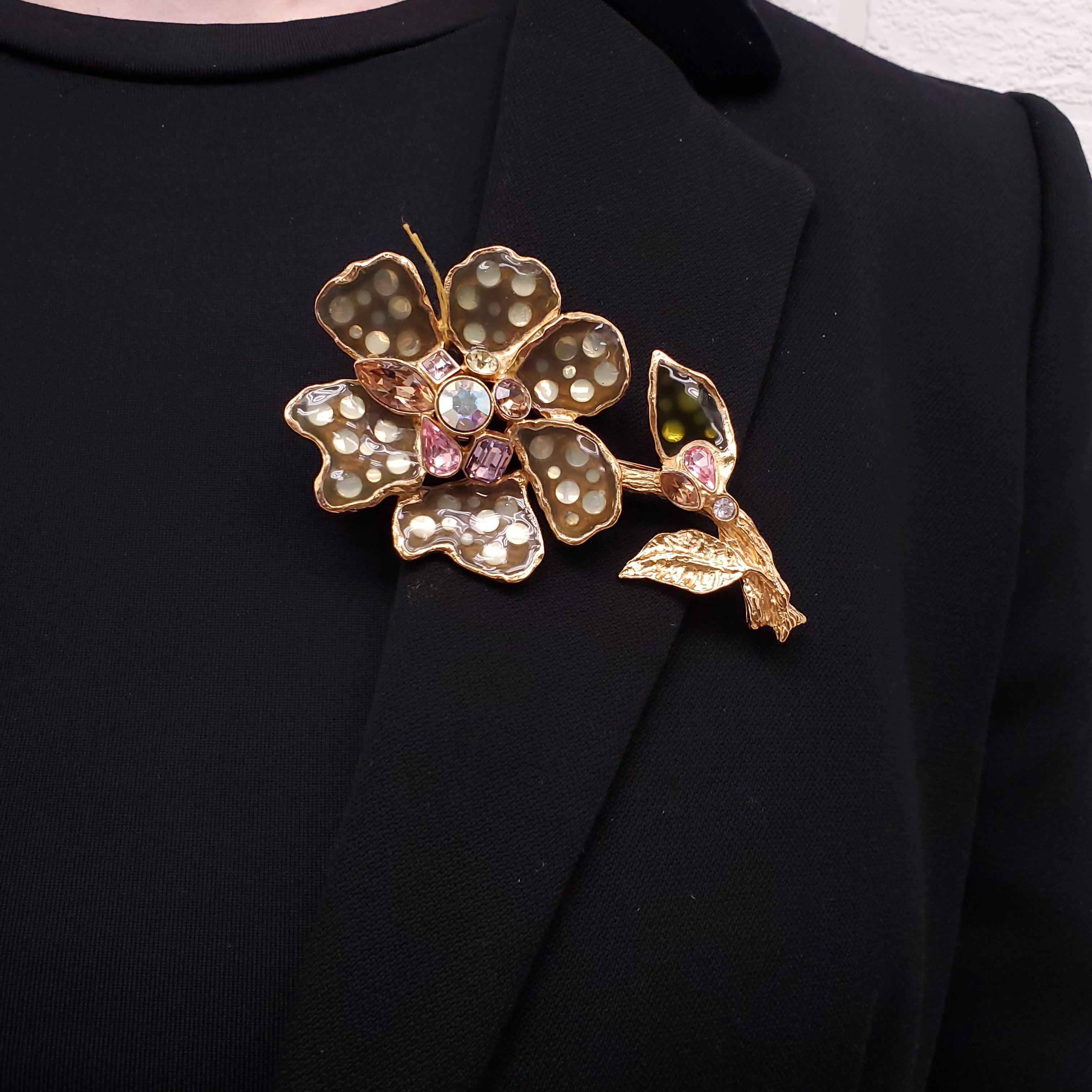 CHRISTIAN LACROIX YELLOW AND GREEN ENAMEL FLOWER PIN