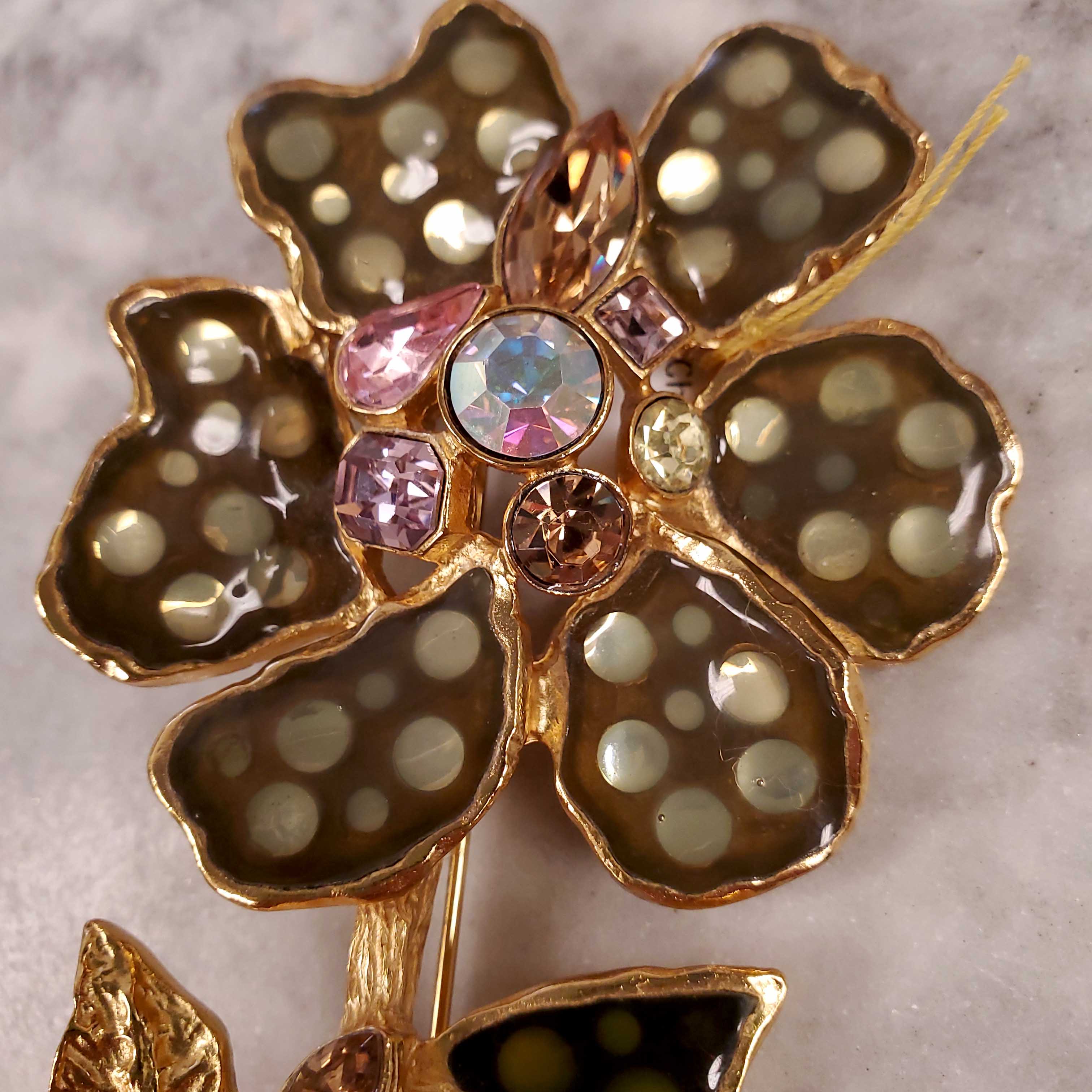 CHRISTIAN LACROIX YELLOW AND GREEN ENAMEL FLOWER PIN