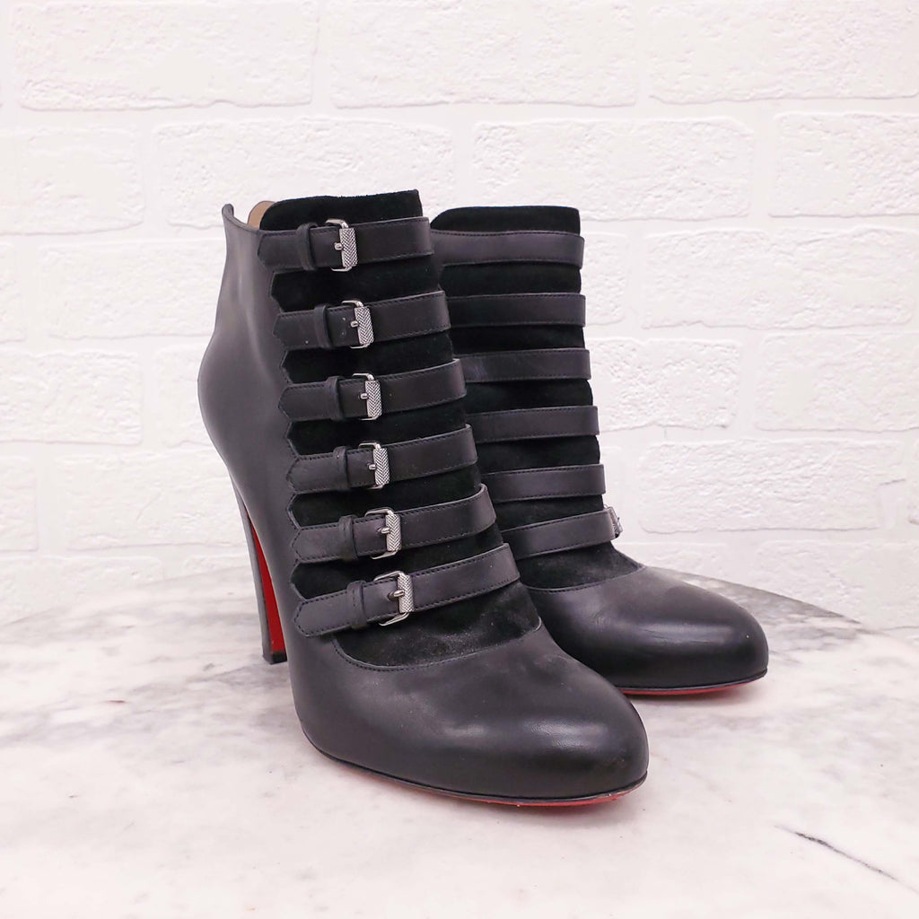 CHRISTIAN LOUBOUTIN BLACK LEATHER AND SUEDE BOOTS WITH BUCKLES - SIZE 41