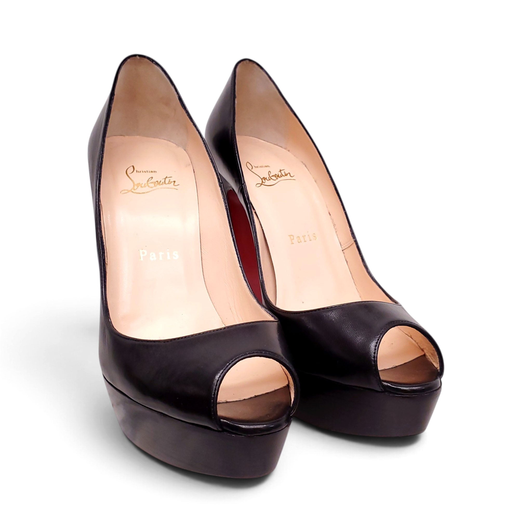 CHRISTIAN LOUBOUTIN BLACK LEATHER PEEP TOE PLATFORM HEELS - SIZE 38