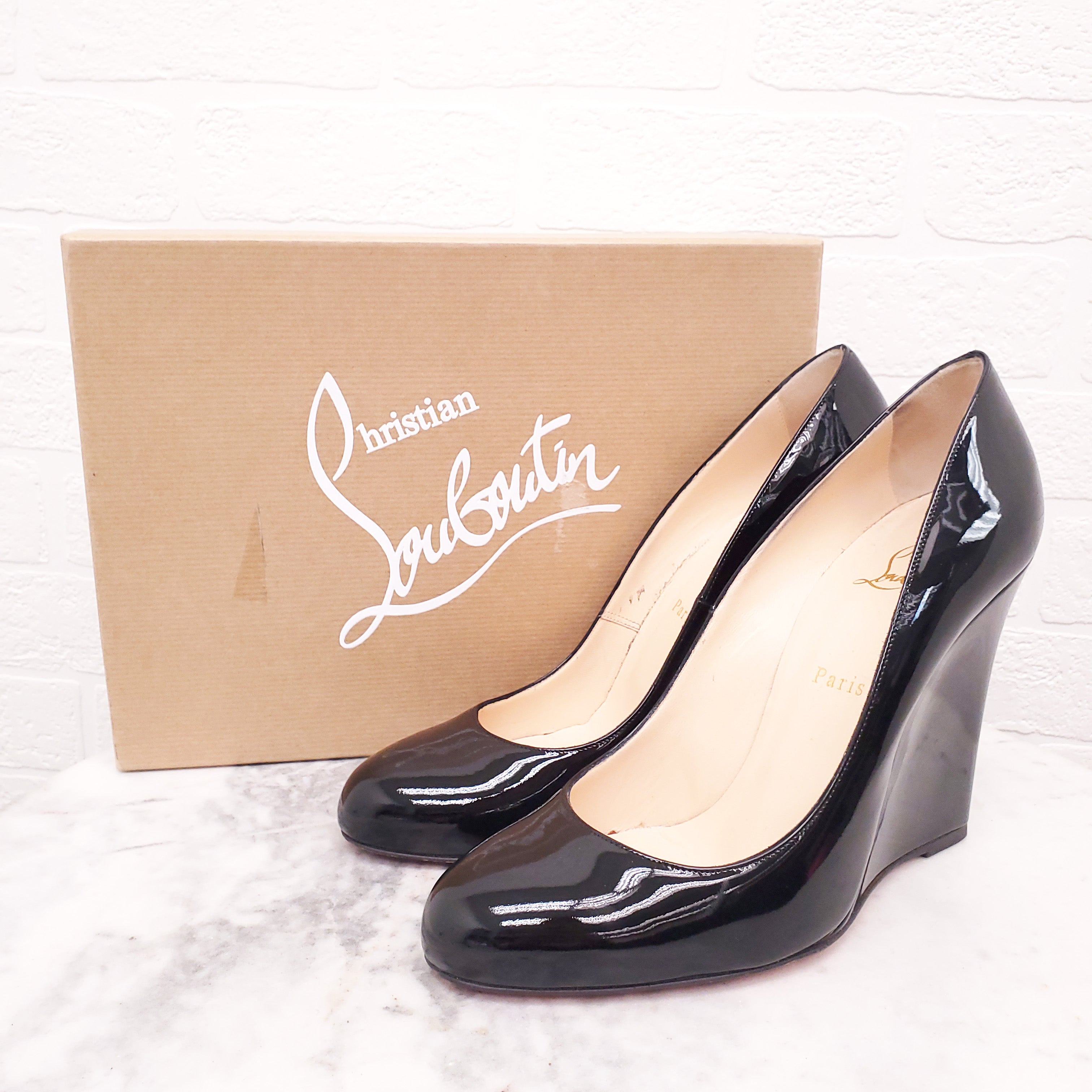 CHRISTIAN LOUBOUTIN BLACK PATENT WEDGES - SIZE 41