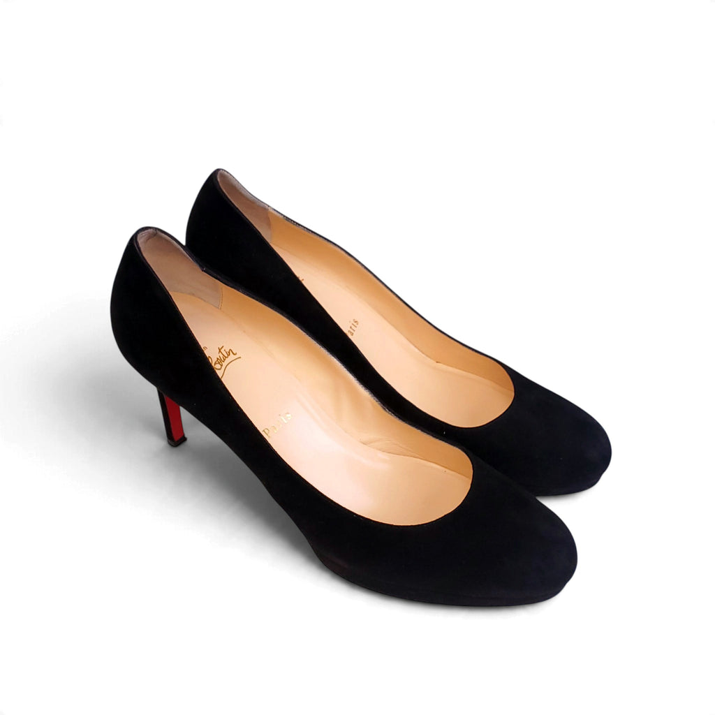 CHRISTIAN LOUBOUTIN BLACK SUEDE ROUND TOE PLATFORM HEELS - SIZE 41.5