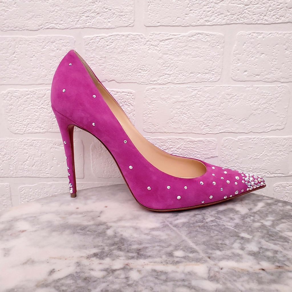 CHRISTIAN LOUBOUTIN DEGRASTRASS PINK SUEDE  PUMP WITH CRYSTAL DETAIL - SIZE 40.5