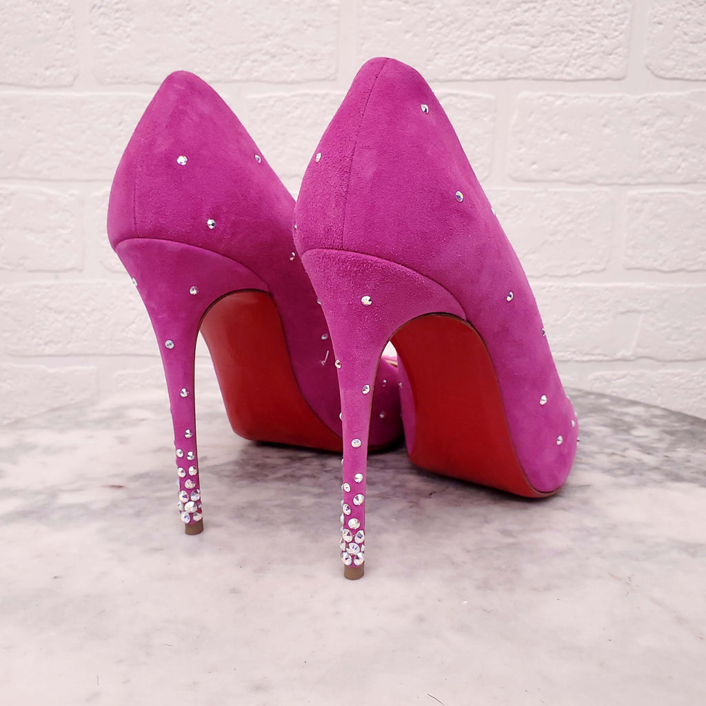 CHRISTIAN LOUBOUTIN DEGRASTRASS PINK SUEDE  PUMP WITH CRYSTAL DETAIL - SIZE 40.5