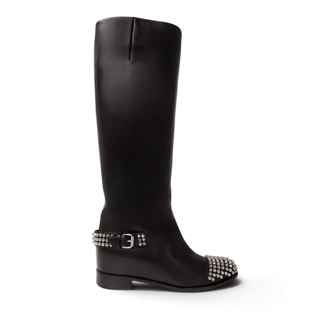 CHRISTIAN LOUBOUTIN LEATHER BLACK TALL BOOTS WITH ROCKSTUD DETAIL - SIZE 39