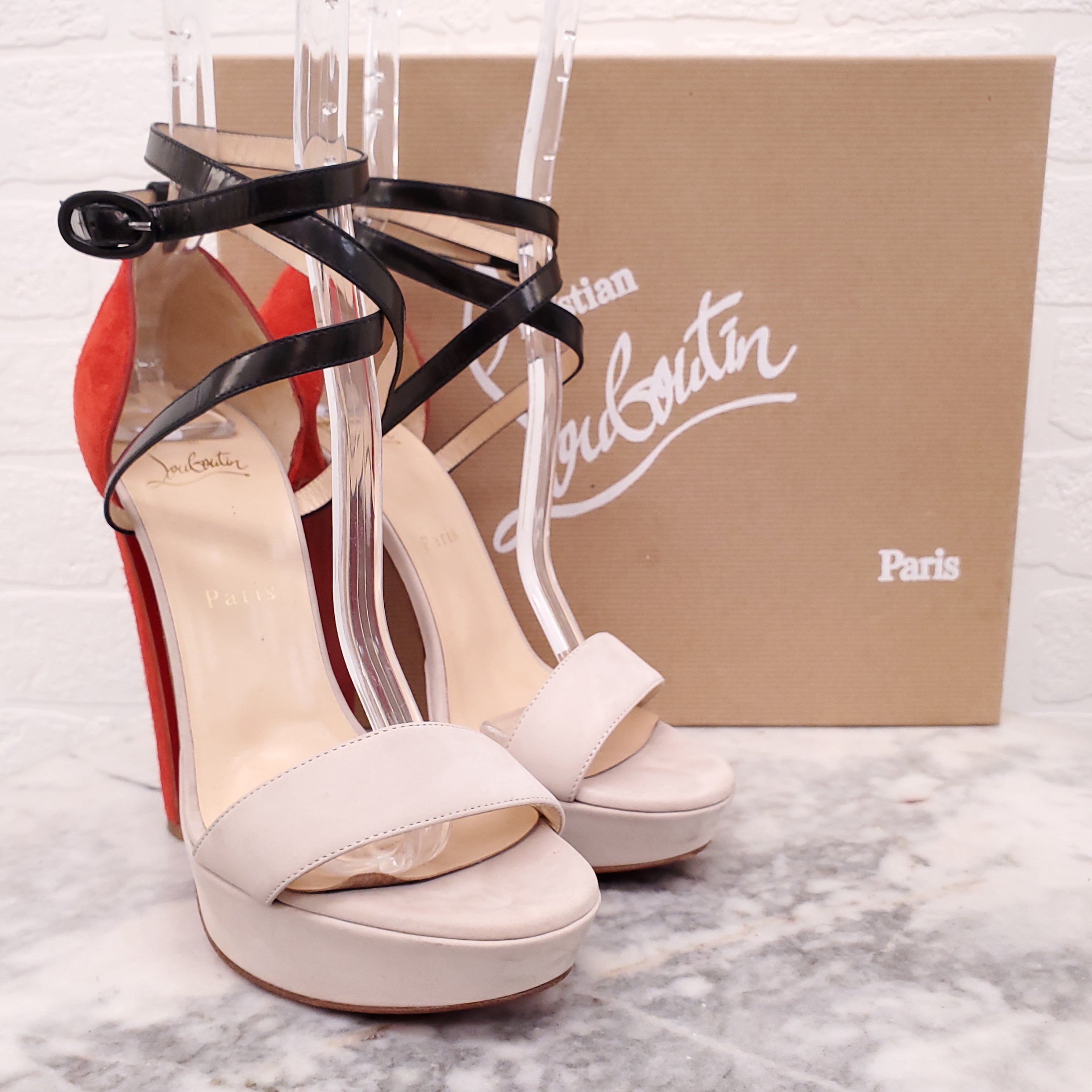 CHRISTIAN LOUBOUTIN NUDE AND RED SUEDE HEELS - SIZE 37
