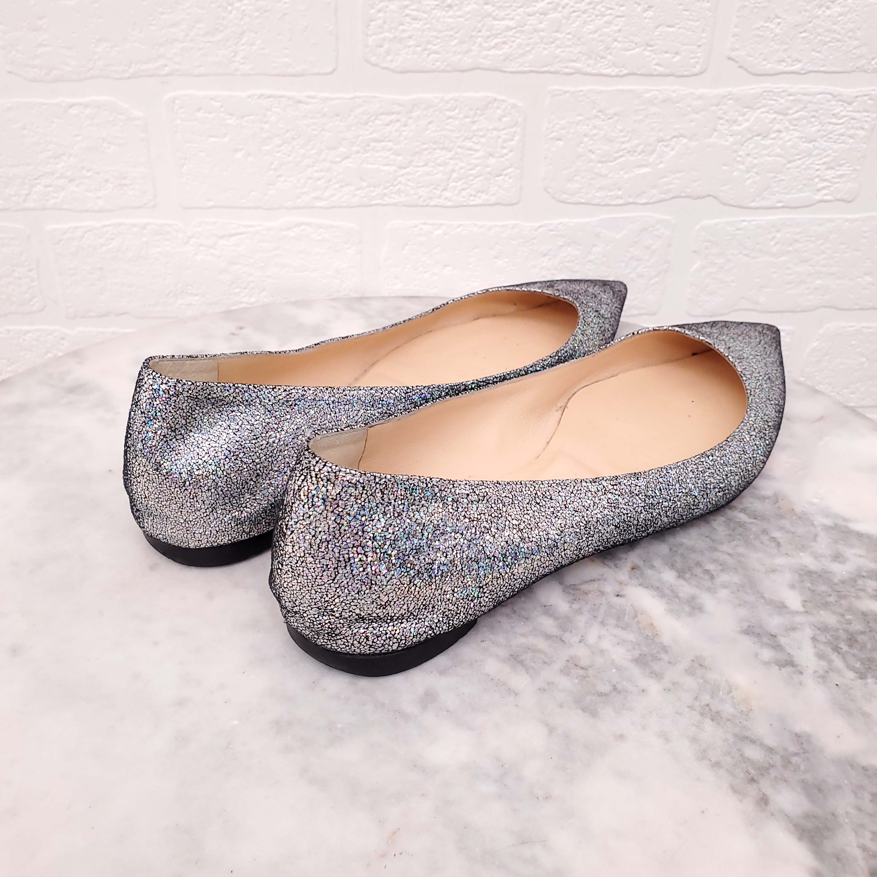 CHRISTIAN LOUBOUTIN SILVER SEQUIN FLATS - SIZE 40