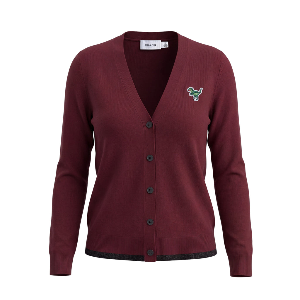 COACH BURGUNDY CASHMERE DINOSAUR CARDIGAN - SIZE L