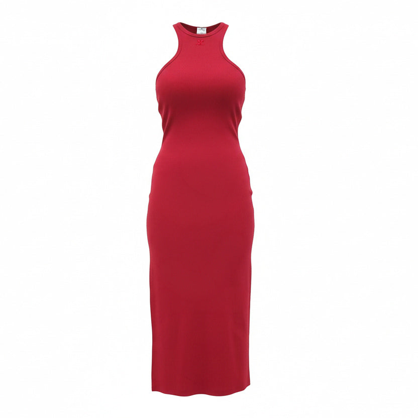 COURRÈGES RED SCUBA 90'S RIBBED MAXI DRESS- SIZE L