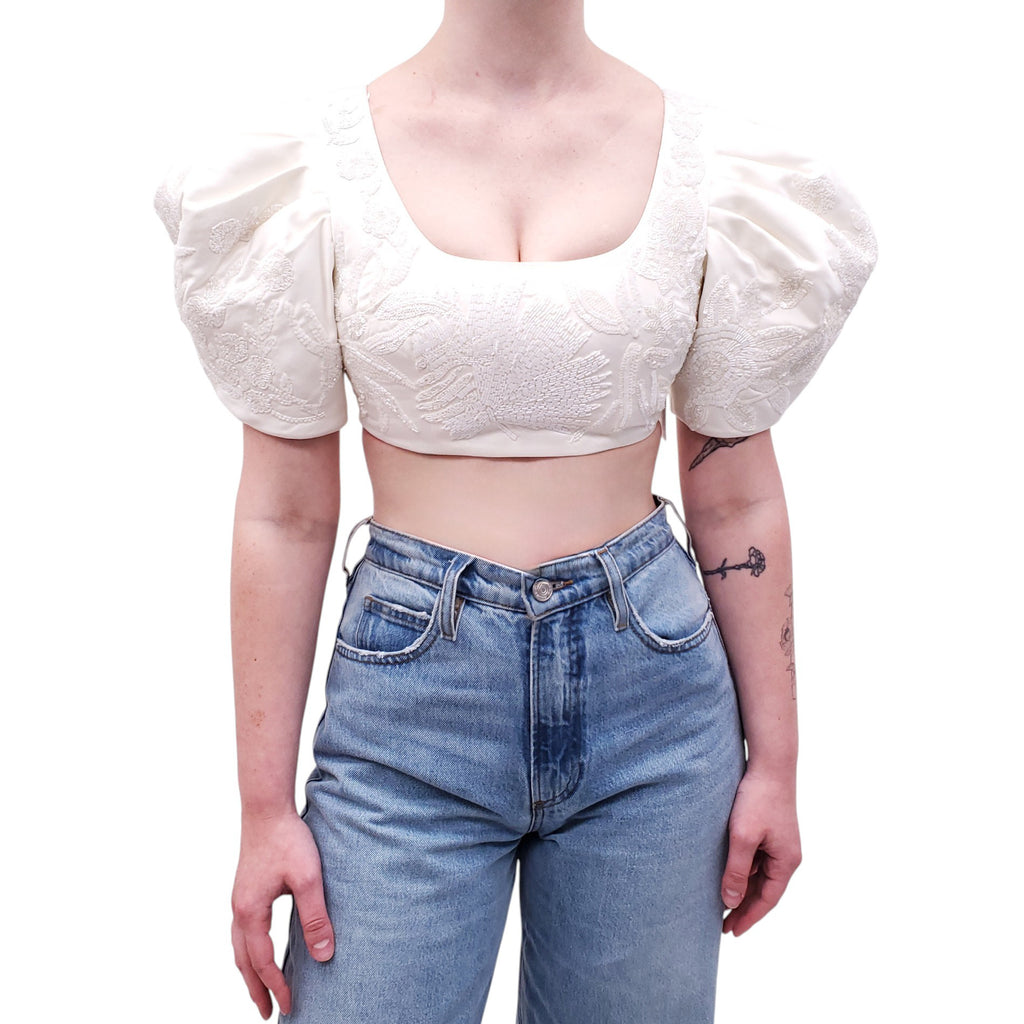 CULT GAIA WHITE FLORAL EMBROIDERED SINAI CROPPED TOP - SIZE 2