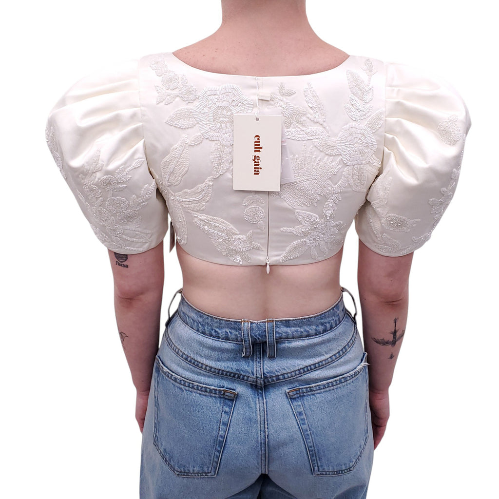 CULT GAIA WHITE FLORAL EMBROIDERED SINAI CROPPED TOP - SIZE 2