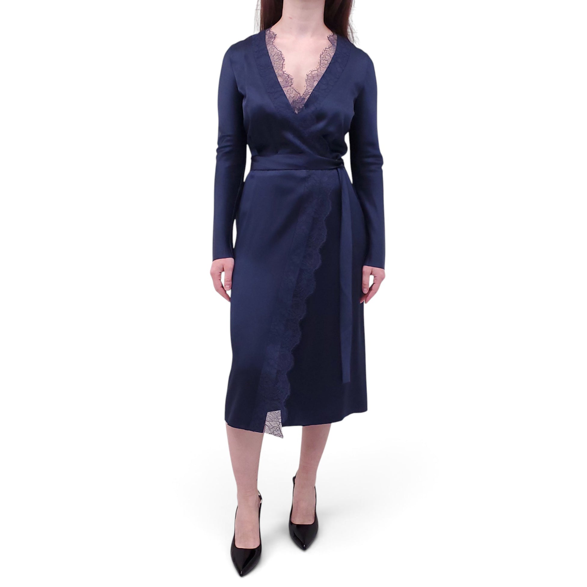 DION LEE NAVY SILK LACE LONG SLEEVE DRESS