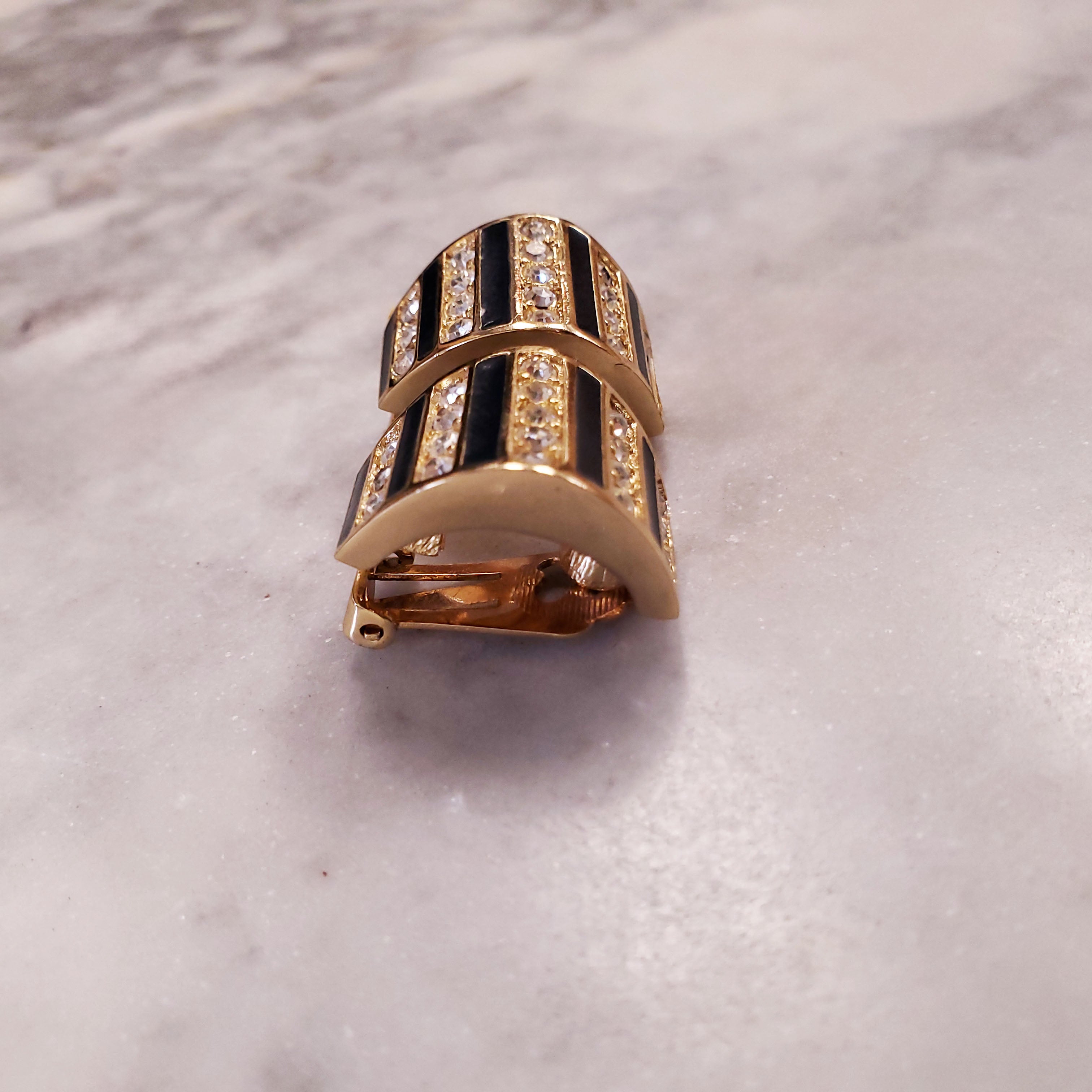 DIOR 1980 GOLD CLIP-ON DOMED EARRINGS WITH DIAMANTE CLUSTERS FLANKED BY BLUE ENAMEL STRIPES