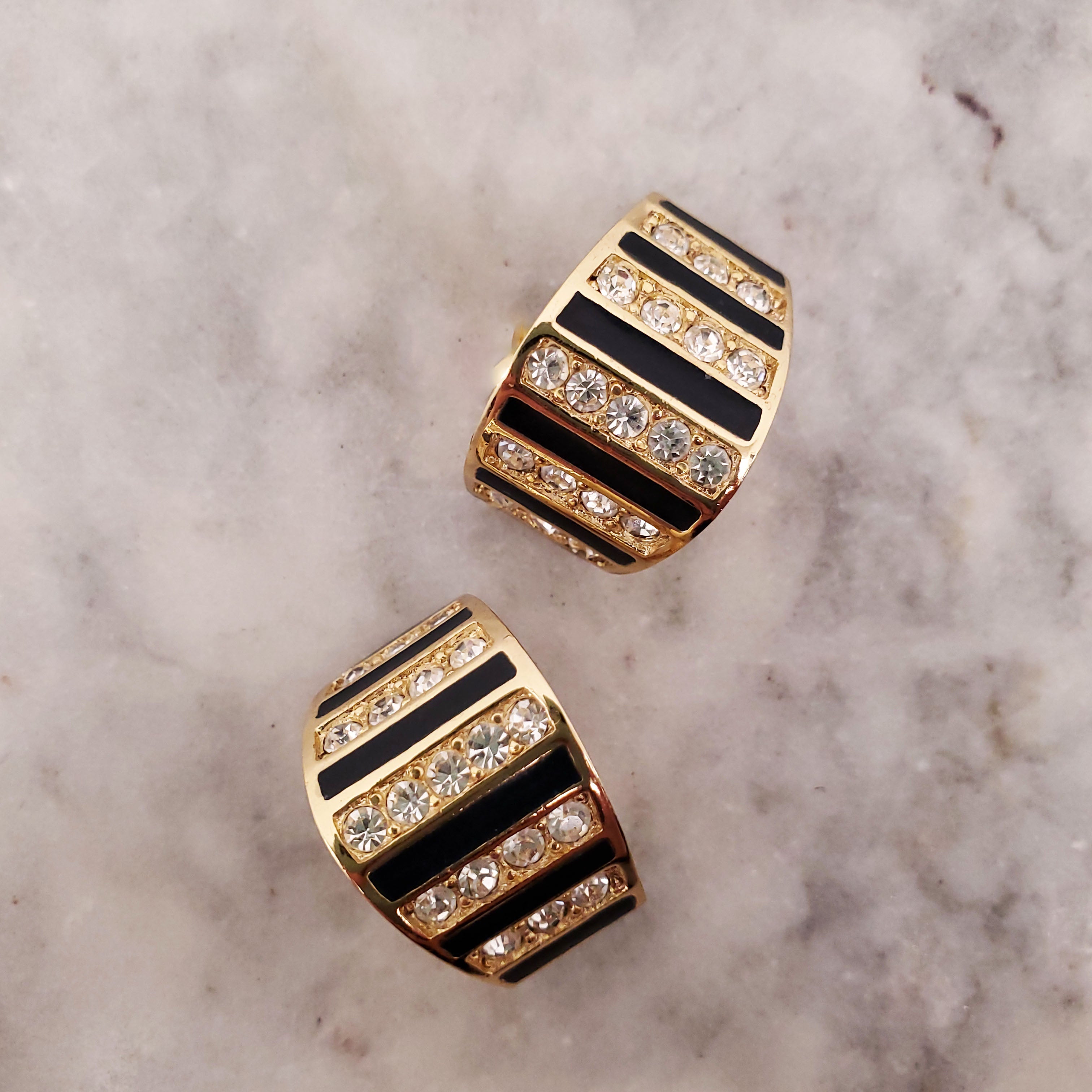 DIOR 1980 GOLD CLIP-ON DOMED EARRINGS WITH DIAMANTE CLUSTERS FLANKED BY BLUE ENAMEL STRIPES