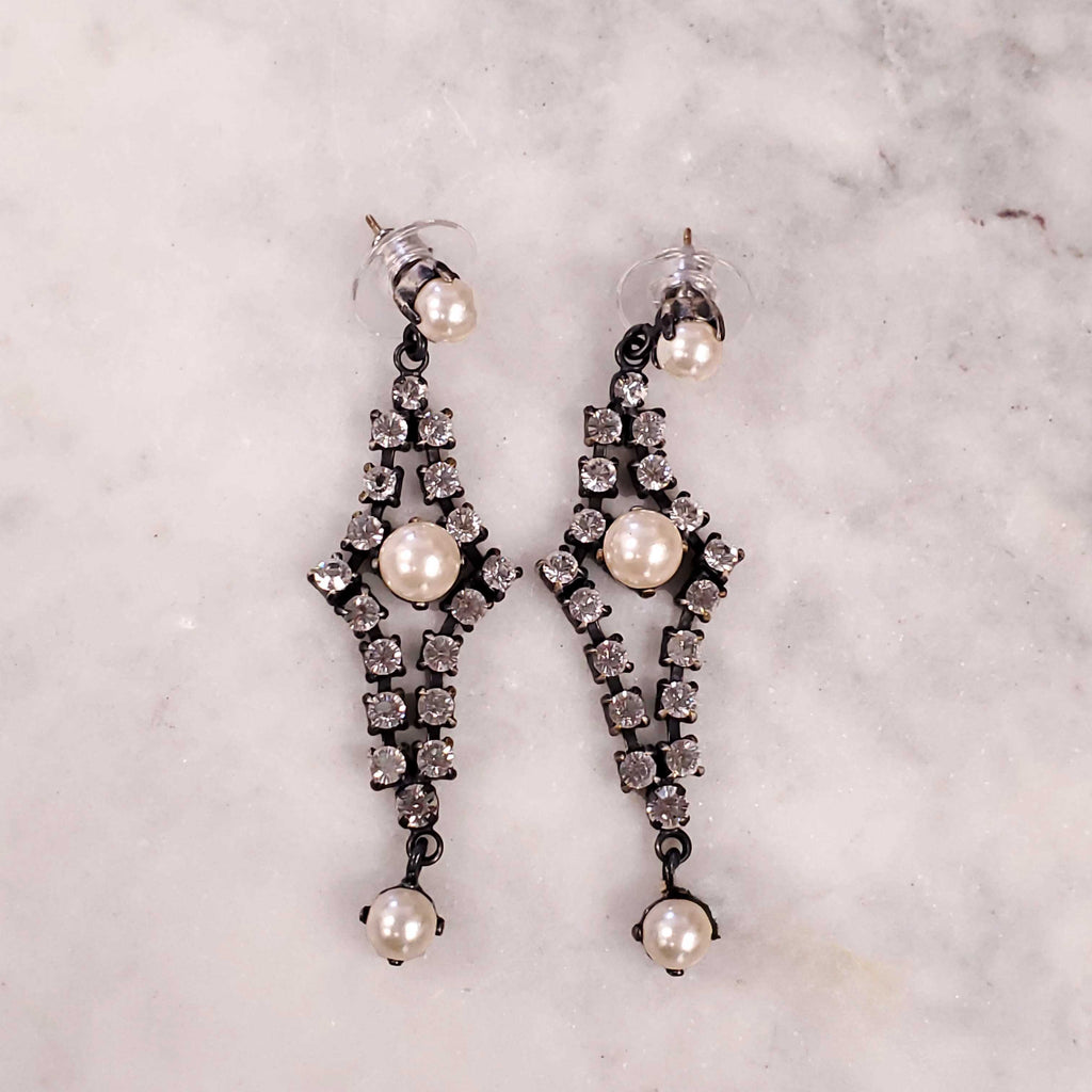 DIOR 1998 DIAMANTE DANGLE POST EARRINGS WITH CLEAR RHINESTONES AND PEARL ACCENTS SET IN GUN METAL