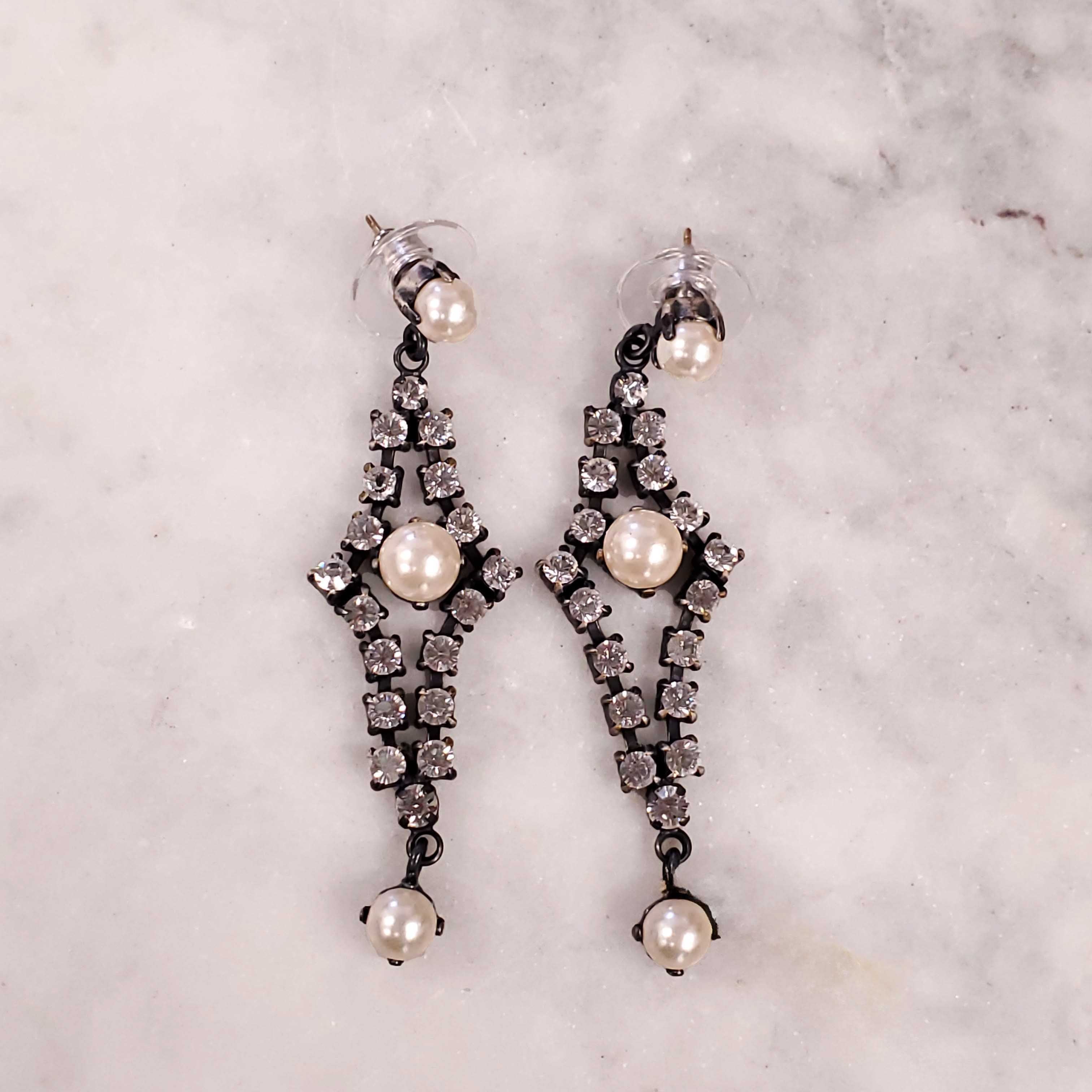 DIOR 1998 DIAMANTE DANGLE POST EARRINGS WITH CLEAR RHINESTONES AND PEARL ACCENTS SET IN GUN METAL