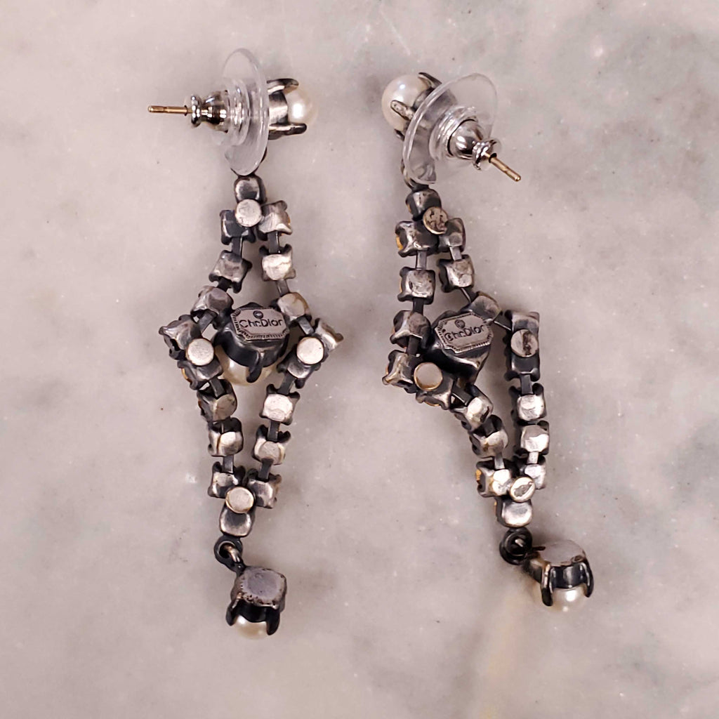 DIOR 1998 DIAMANTE DANGLE POST EARRINGS WITH CLEAR RHINESTONES AND PEARL ACCENTS SET IN GUN METAL