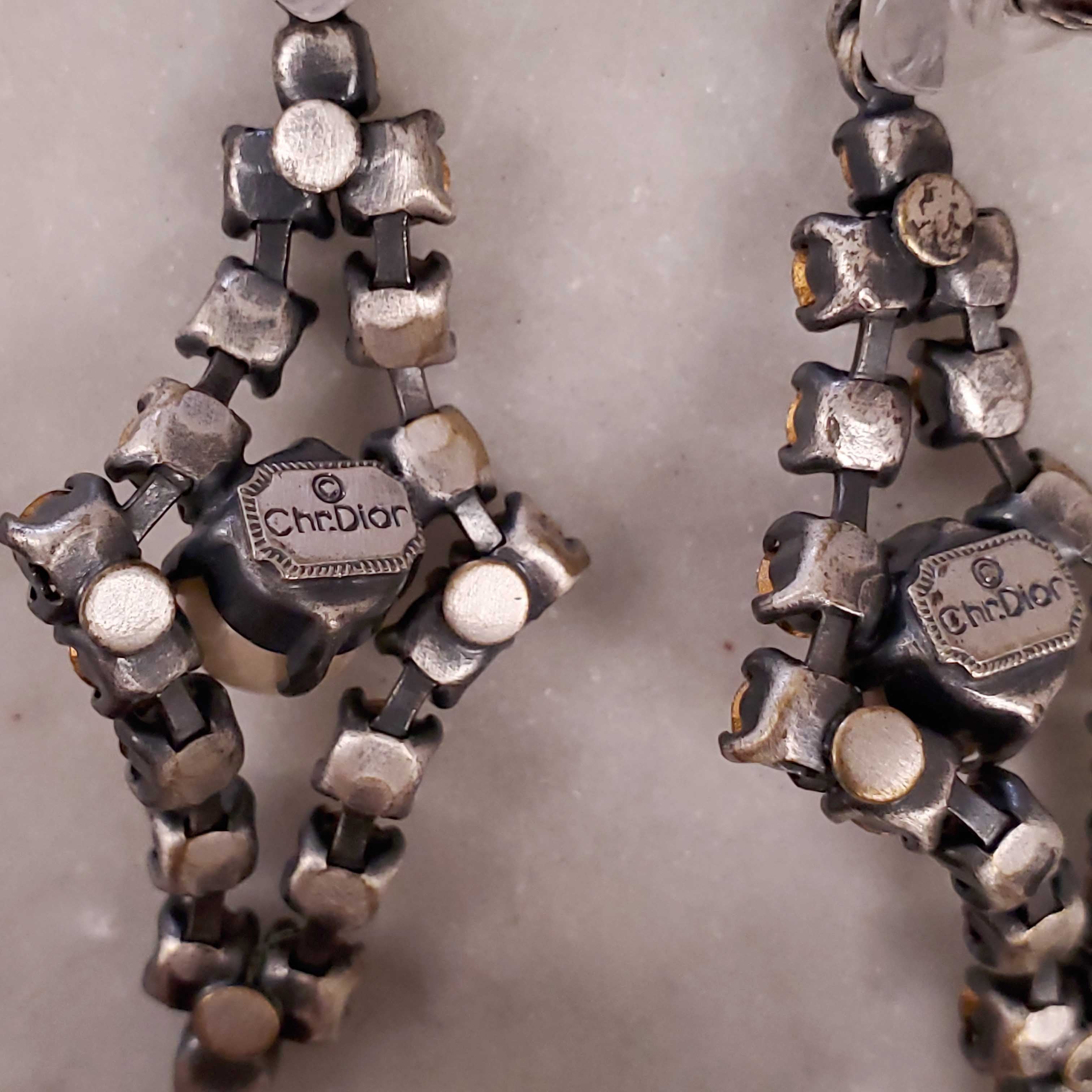 DIOR 1998 DIAMANTE DANGLE POST EARRINGS WITH CLEAR RHINESTONES AND PEARL ACCENTS SET IN GUN METAL