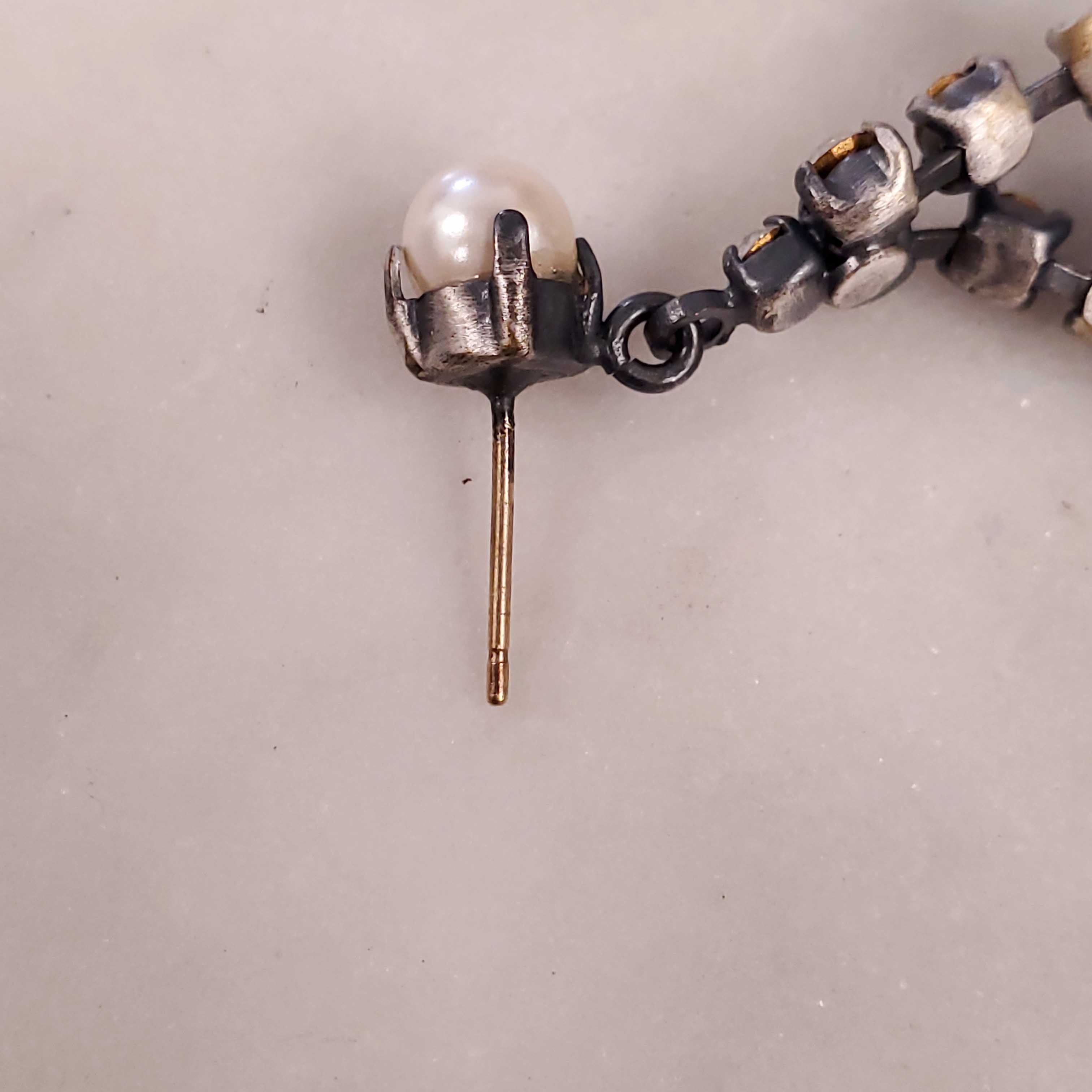 DIOR 1998 DIAMANTE DANGLE POST EARRINGS WITH CLEAR RHINESTONES AND PEARL ACCENTS SET IN GUN METAL