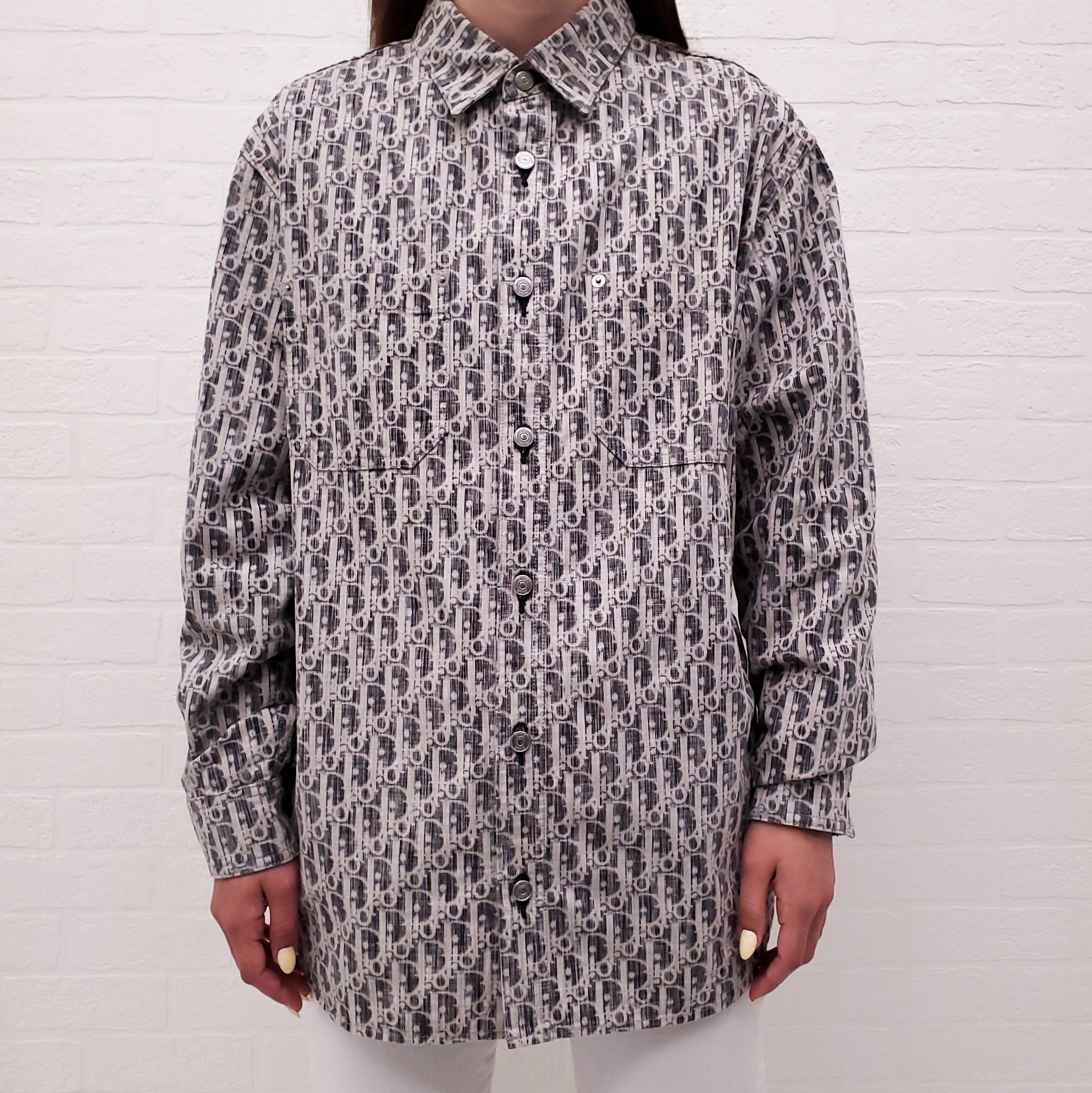 DIOR GREY UNISEX DENIM LOGO BUTTON UP SHIRT - SIZE 39/L