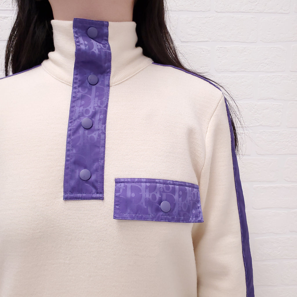 DIOR HOMME CREAM WOOL SWEATER WITH PURPLE 'OBLIQUE' DETAIL - SIZE S