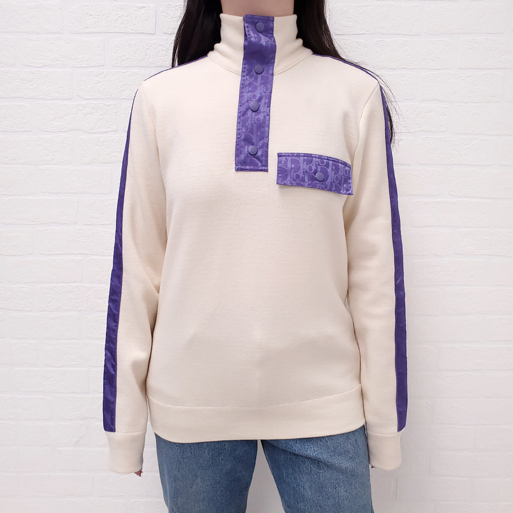 DIOR HOMME CREAM WOOL SWEATER WITH PURPLE 'OBLIQUE' DETAIL - SIZE S