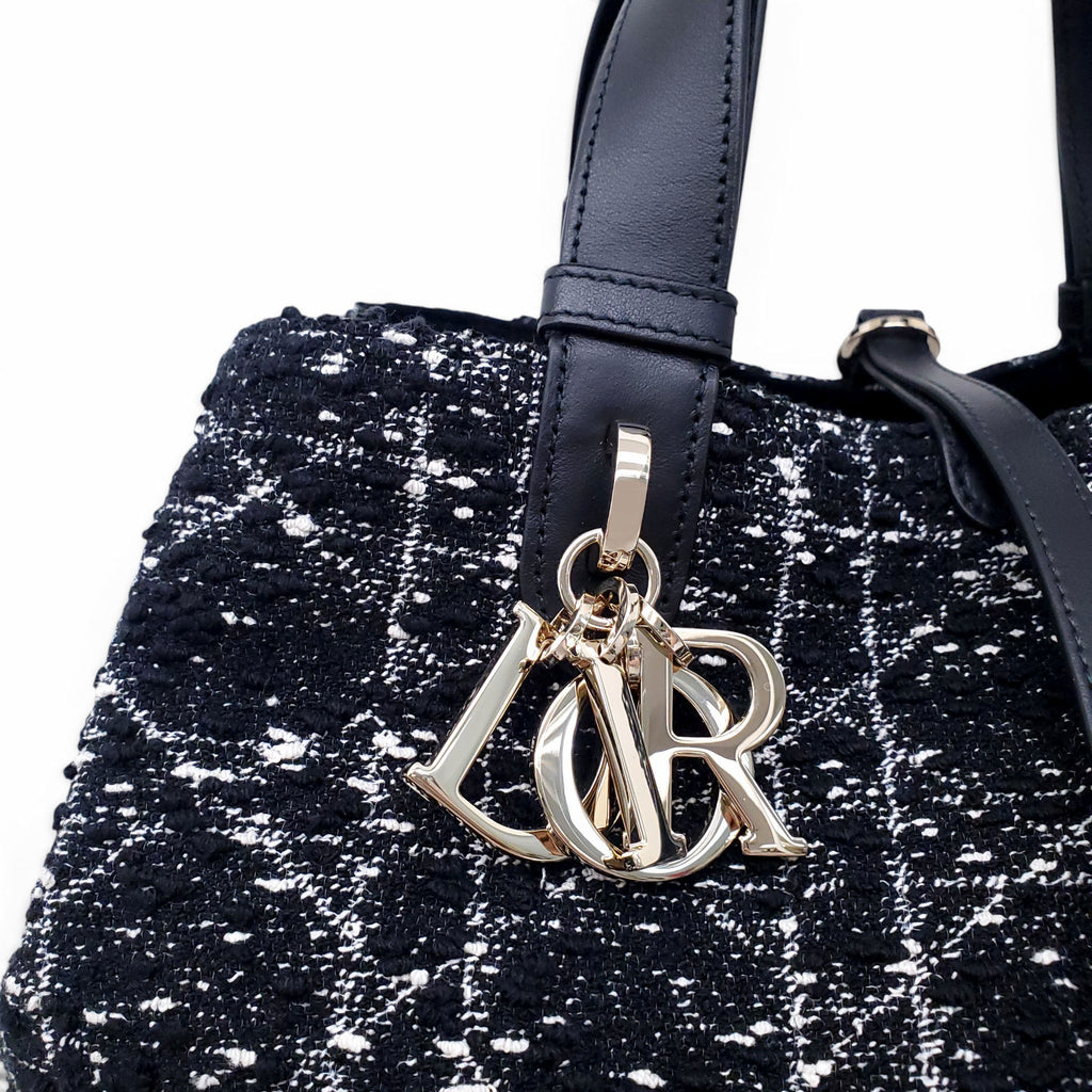 DIOR MEDIUM BLACK TWEED TOUJOURS BAG WITH WHITE CANNAGE MOTIF